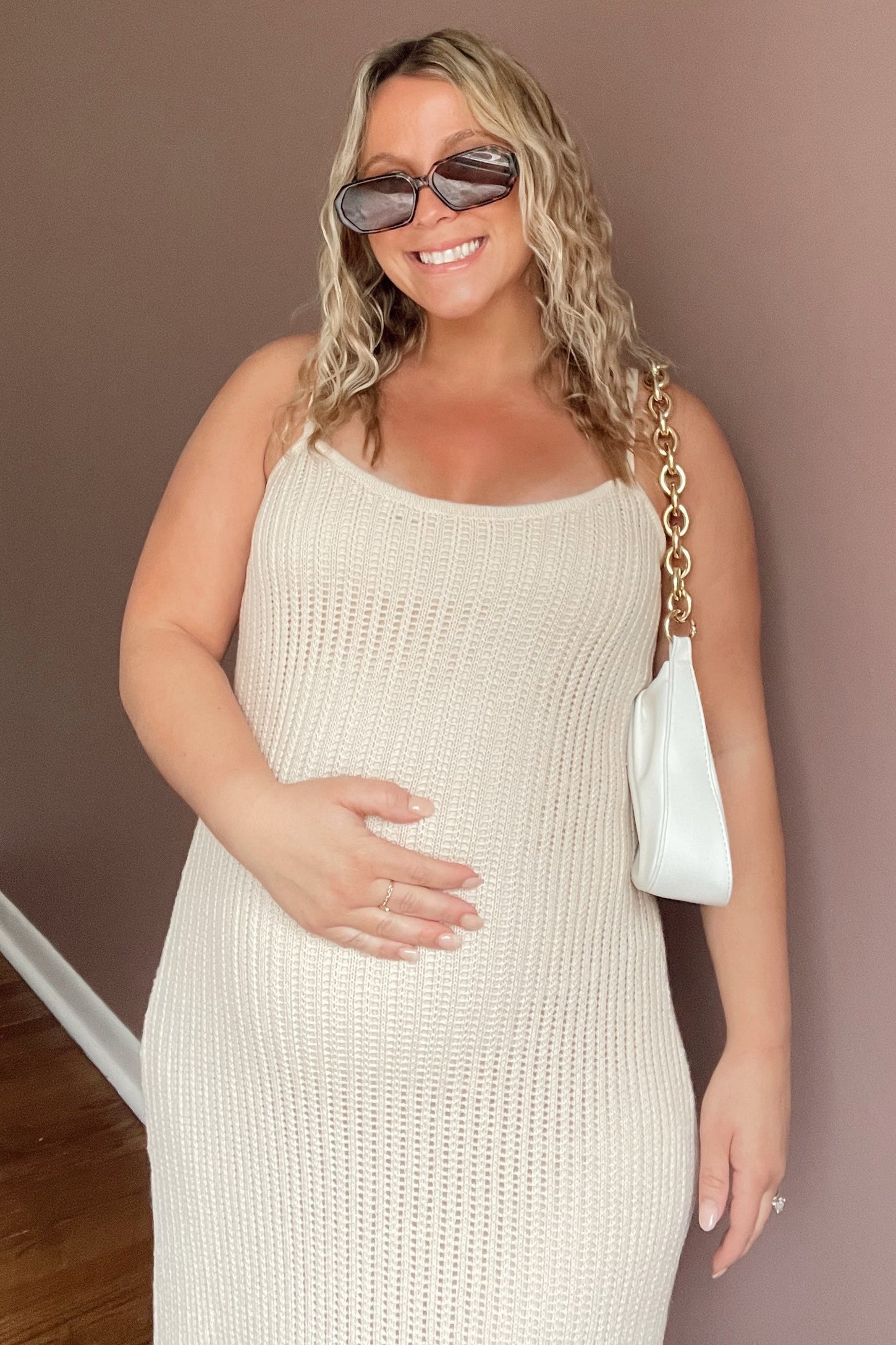 Beige Open Knit Crochet Maternity Midi Dress Large Beige Open Knit Crochet Maternity Midi Dress Large