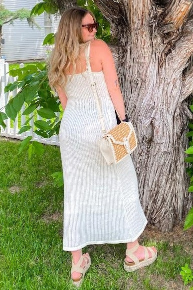 White Open Knit Crochet Midi Dress White Open Knit Crochet Midi Dress