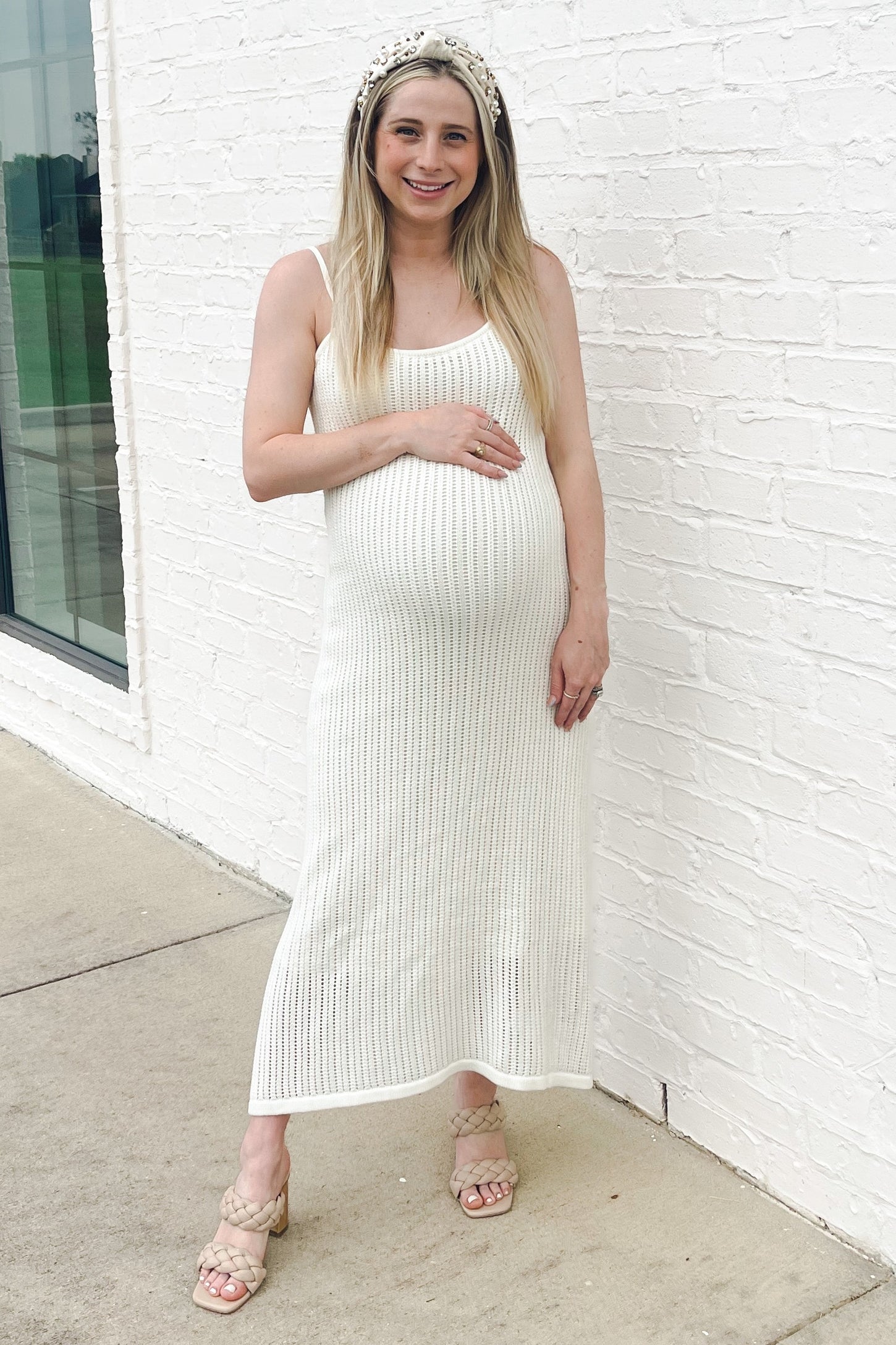 White Open Knit Crochet Maternity Midi Dress PinkBlush White Open Knit Crochet Maternity Midi Dress PinkBlush