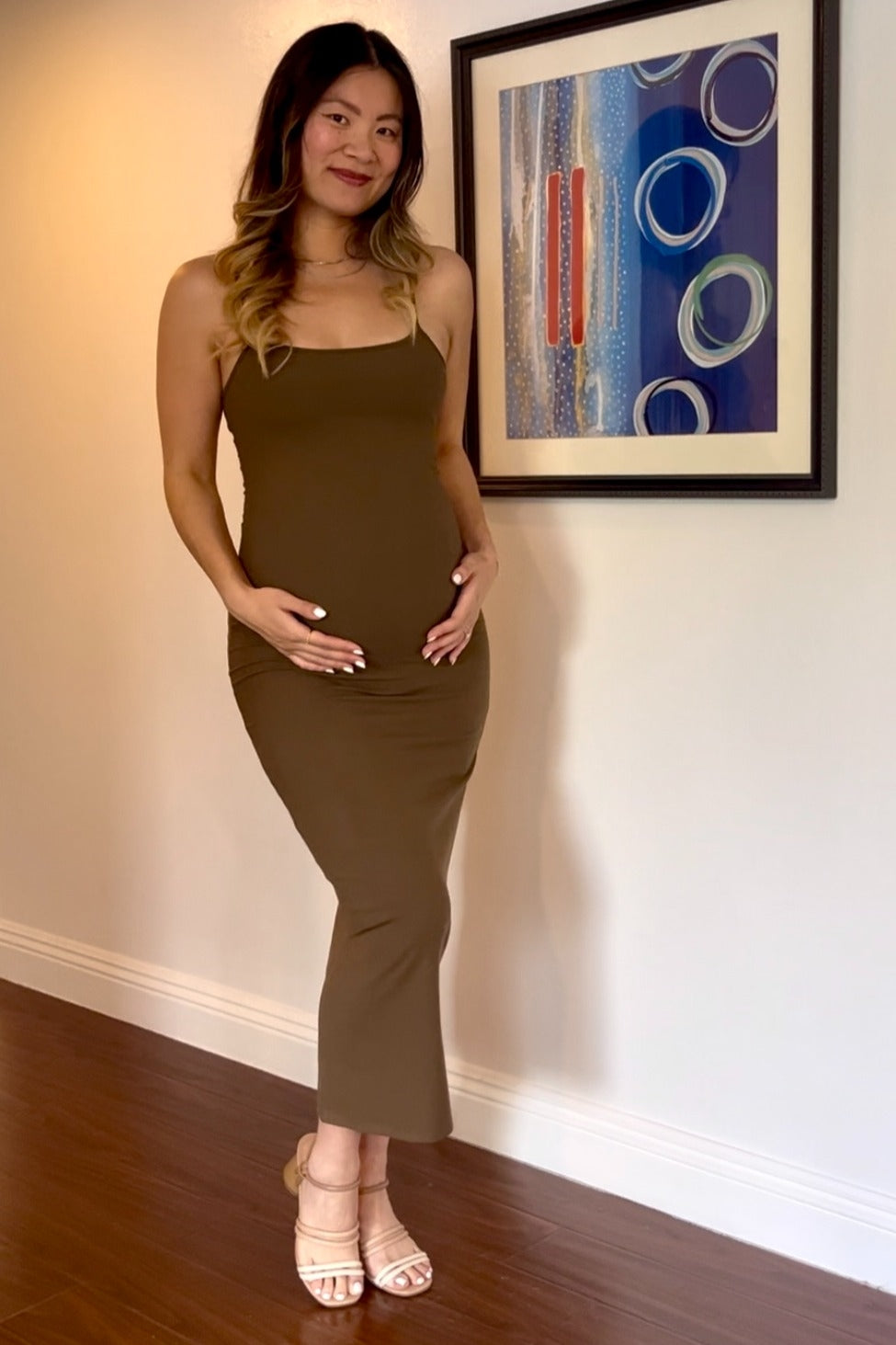 Olive Ribbed Basic Maternity Midi Dress