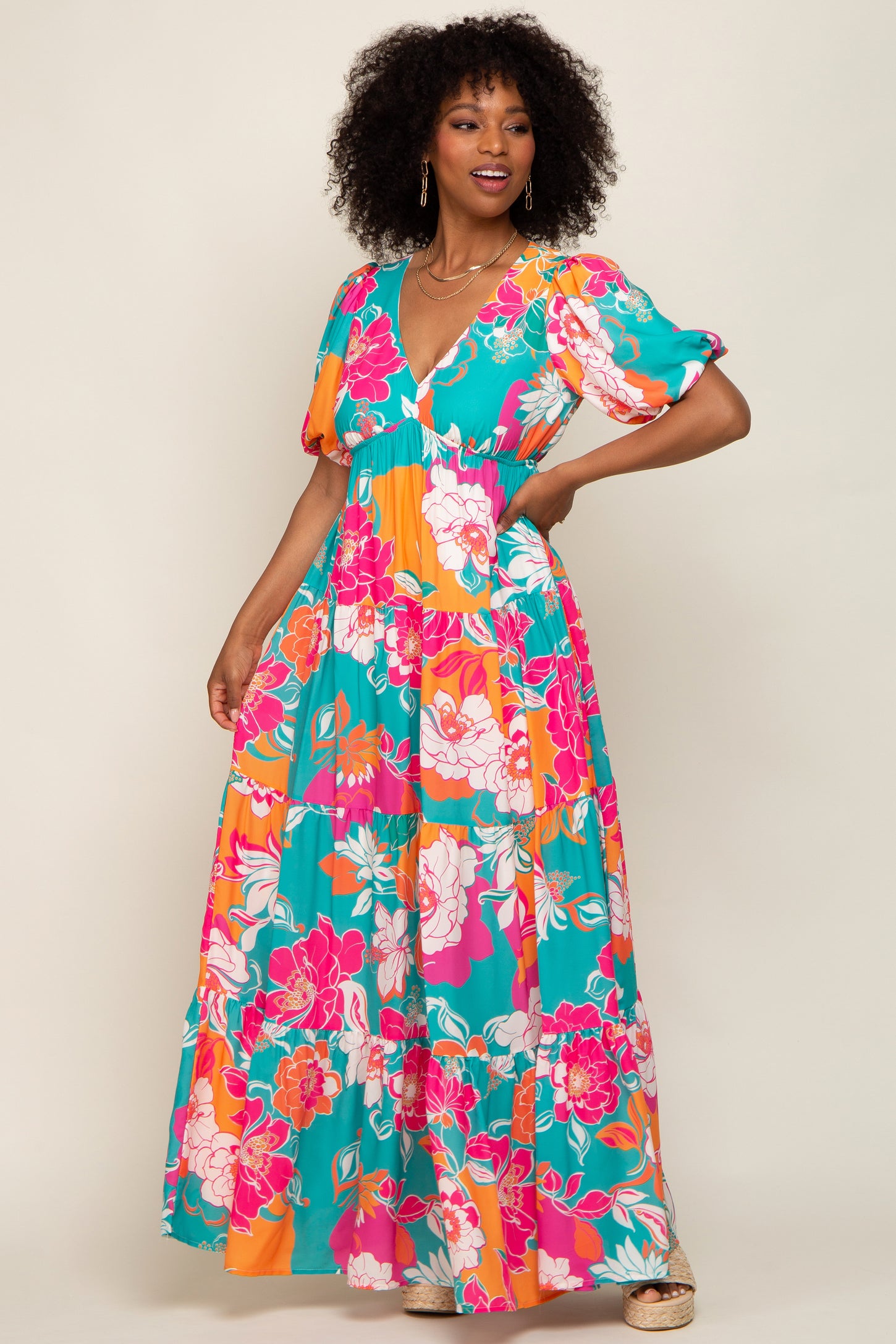 Teal Floral Puff Sleeve Tiered Maxi Dress Teal Floral Puff Sleeve Tiered Maxi Dress
