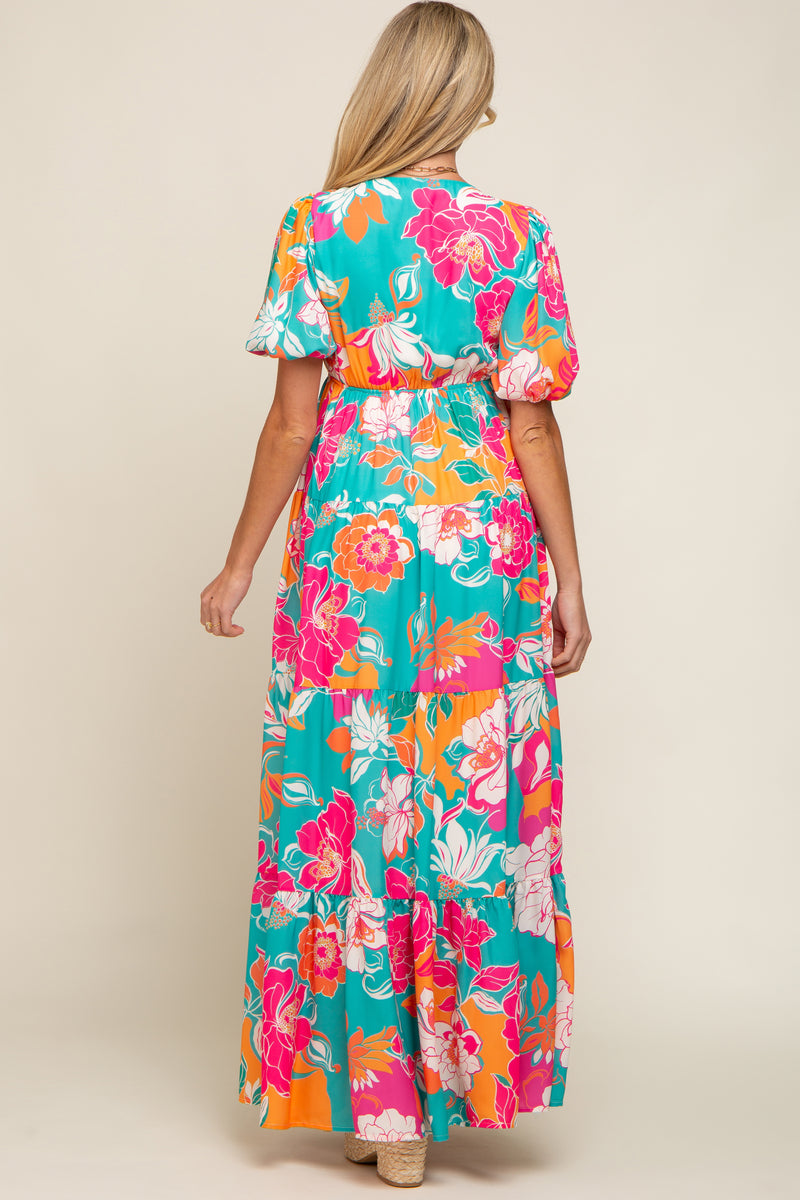 Teal Floral Puff Sleeve Tiered Maternity Maxi Dress – PinkBlush