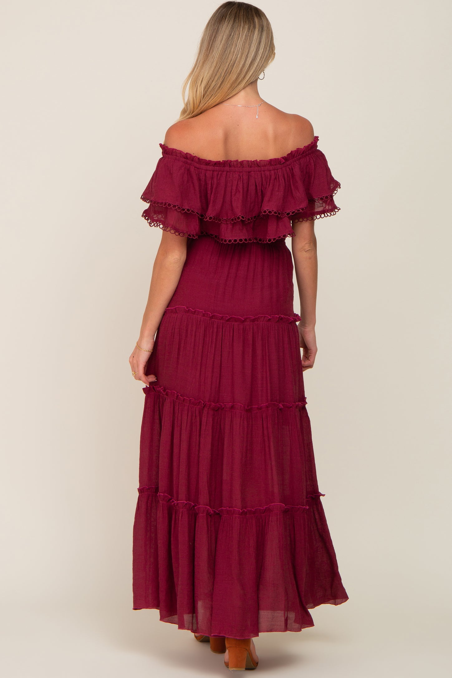 Burgundy Off Shoulder Eyelet Tiered Maternity Maxi Dress PinkBlush Burgundy Off Shoulder Eyelet Tiered Maternity Maxi Dress PinkBlush