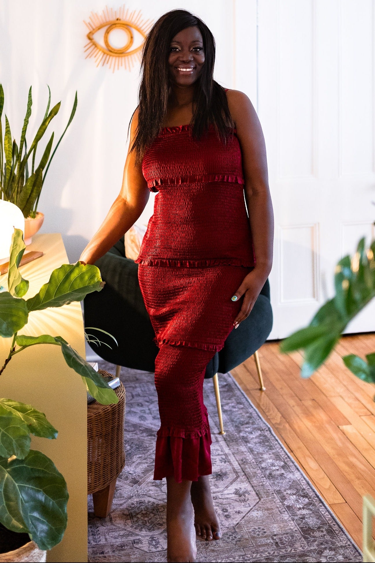 Burgundy Satin Smocked Fitted Midi Dress – PinkBlush