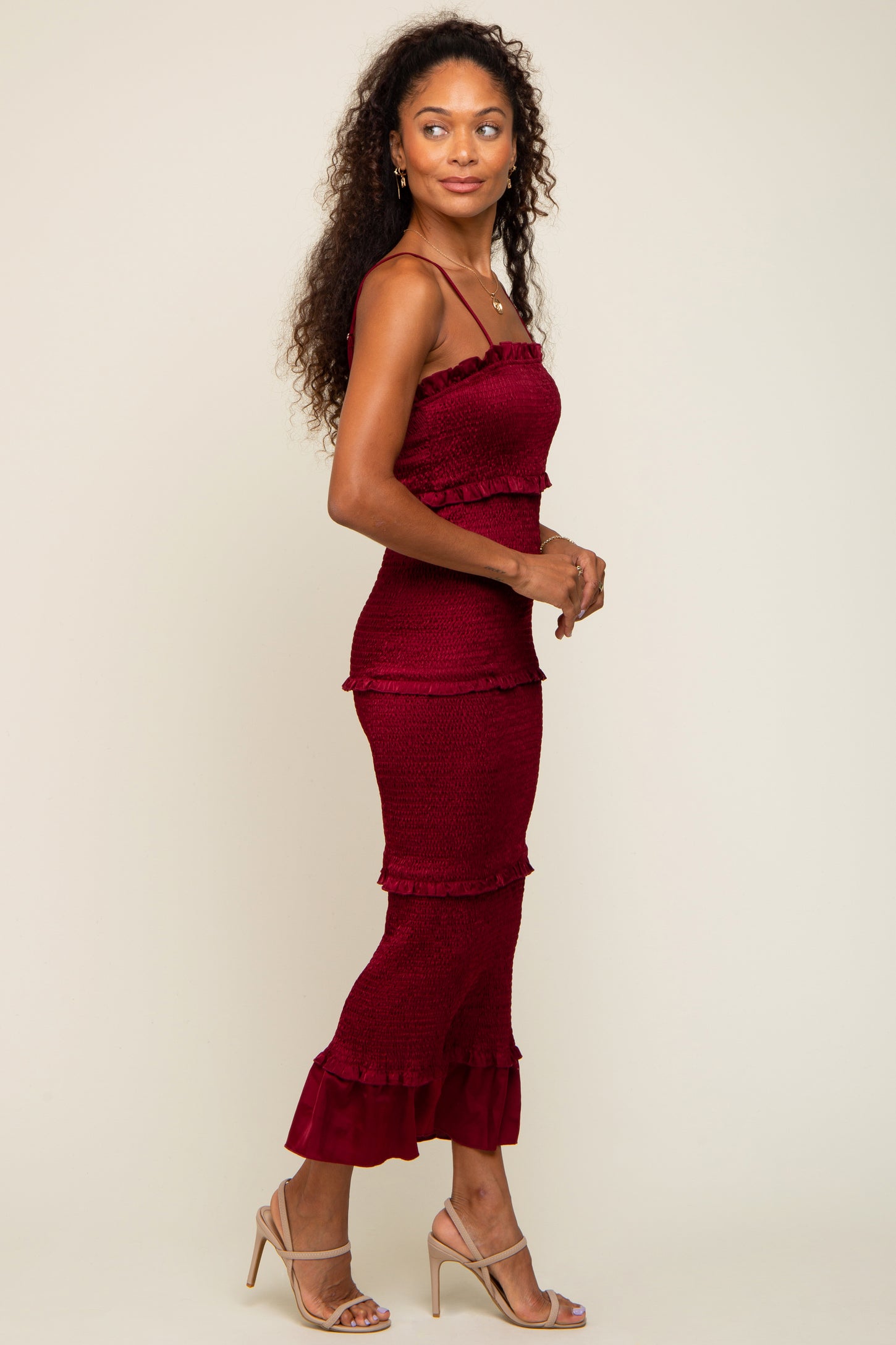 Burgundy Satin Smocked Fitted Midi Dress PinkBlush Burgundy Satin Smocked Fitted Midi Dress PinkBlush