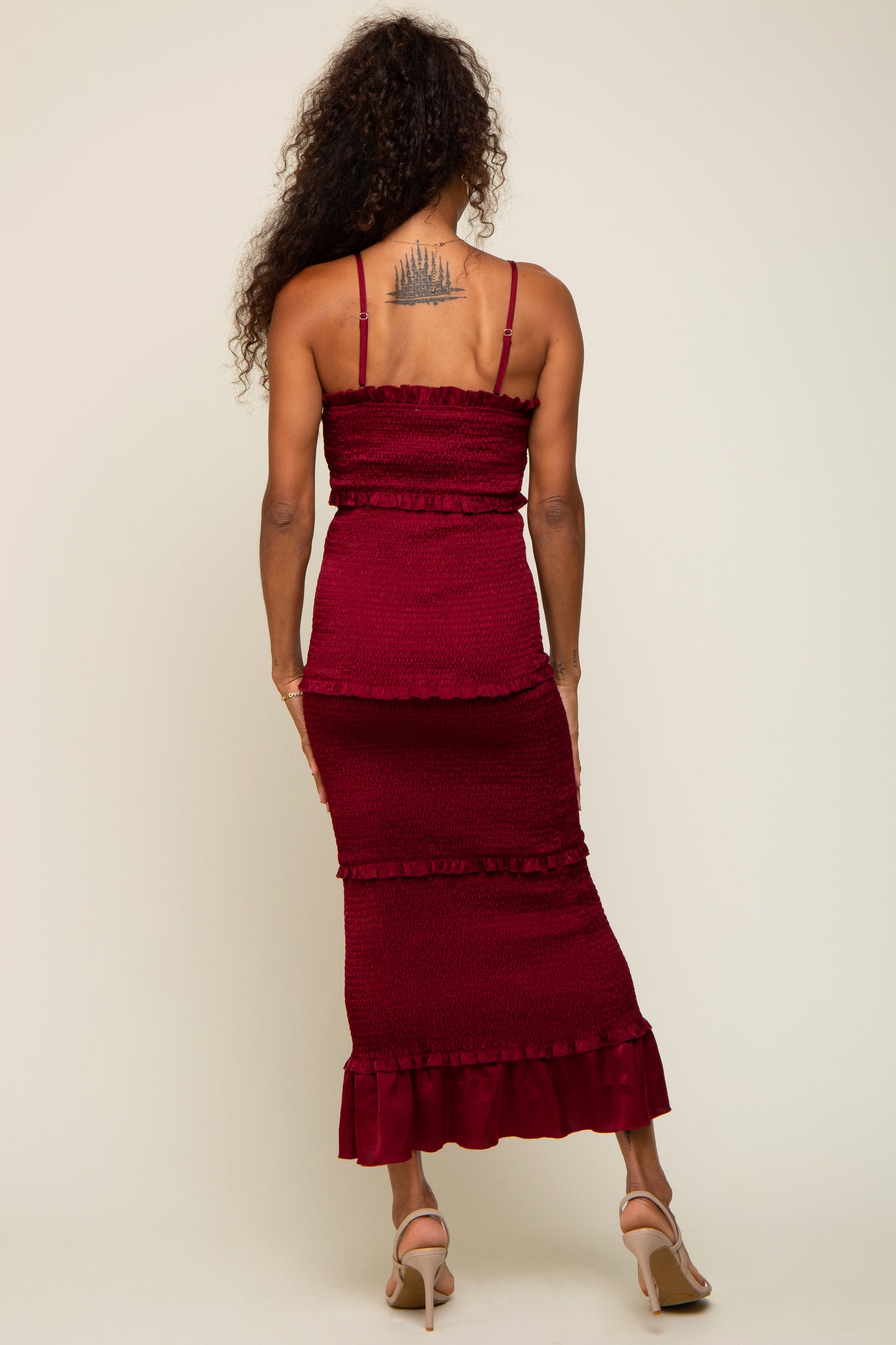 Burgundy Satin Smocked Fitted Midi Dress PinkBlush Burgundy Satin Smocked Fitted Midi Dress PinkBlush