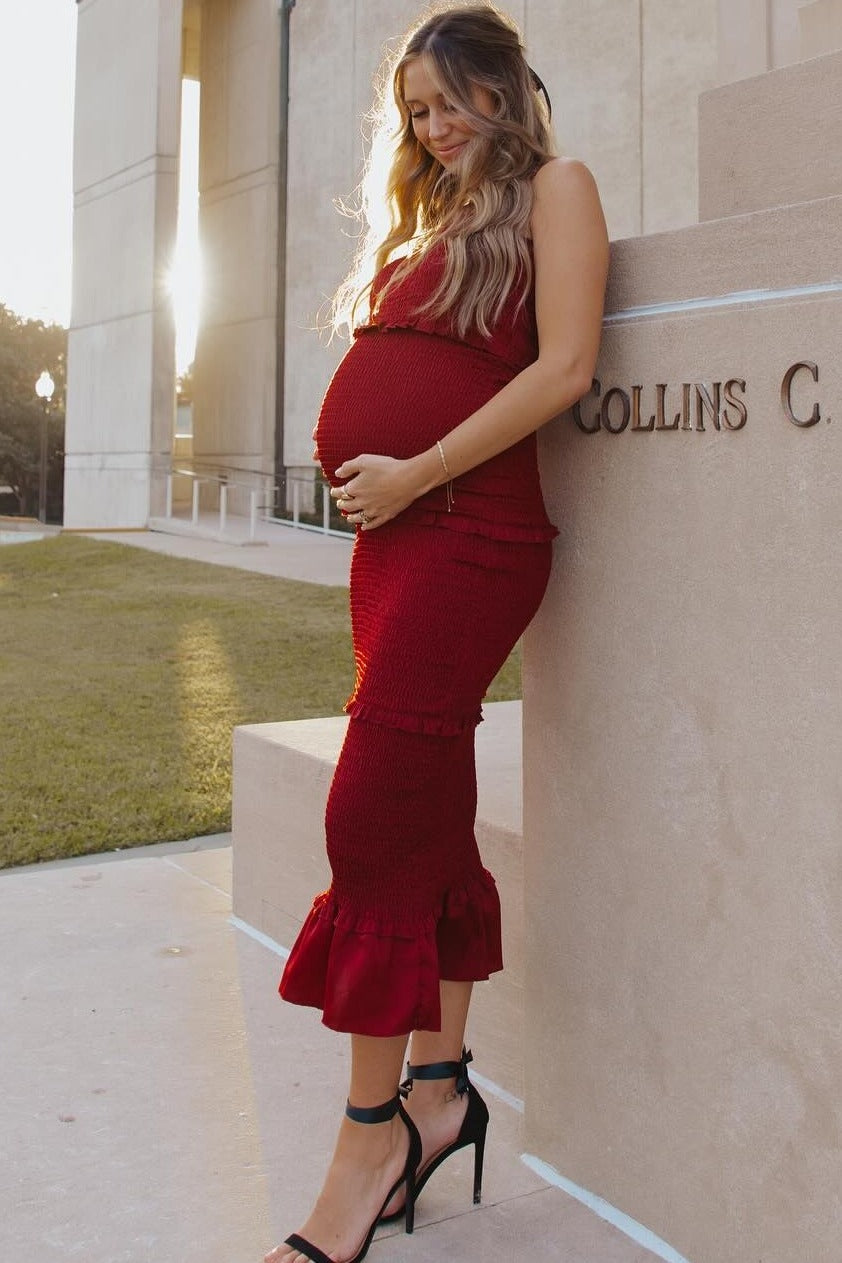 Burgundy Satin Smocked Fitted Maternity Midi Dress PinkBlush Burgundy Satin Smocked Fitted Maternity Midi Dress PinkBlush