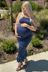 Blue Satin Smocked Fitted Maternity Maxi Dress