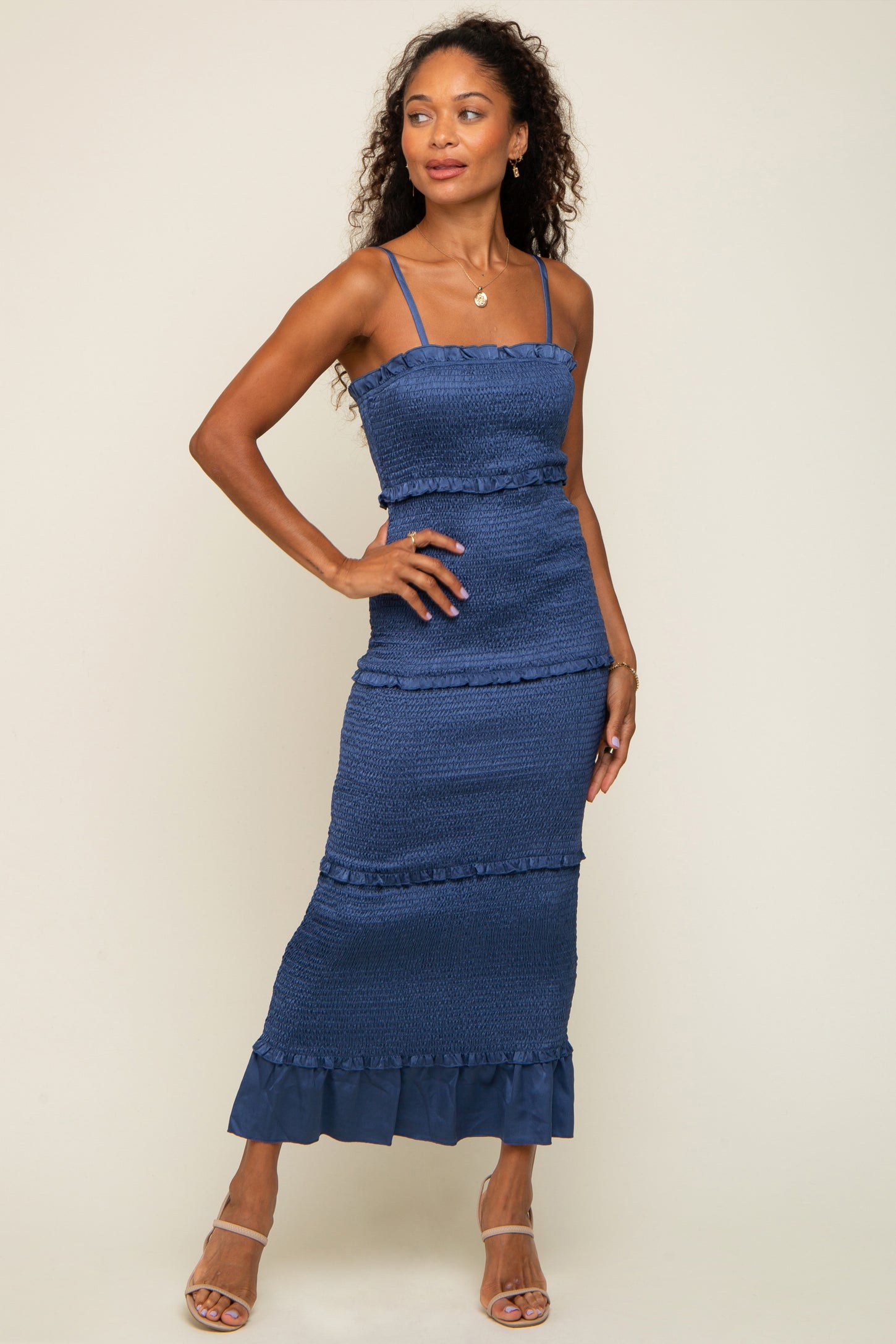 Blue Satin Smocked Fitted Maternity Maxi Dress – PinkBlush