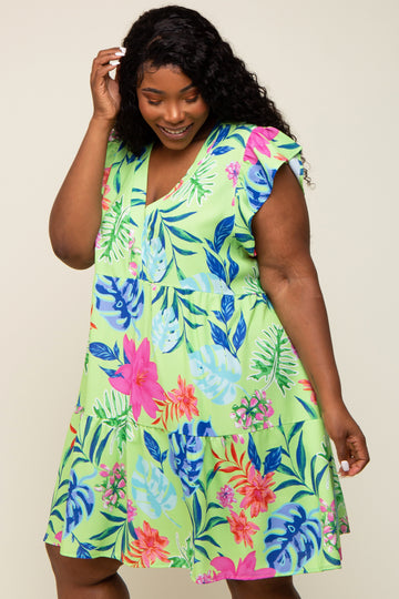 Mint Green Tropical Floral Print Plus Dress