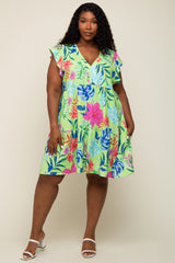 Mint Green Tropical Floral Print Plus Dress