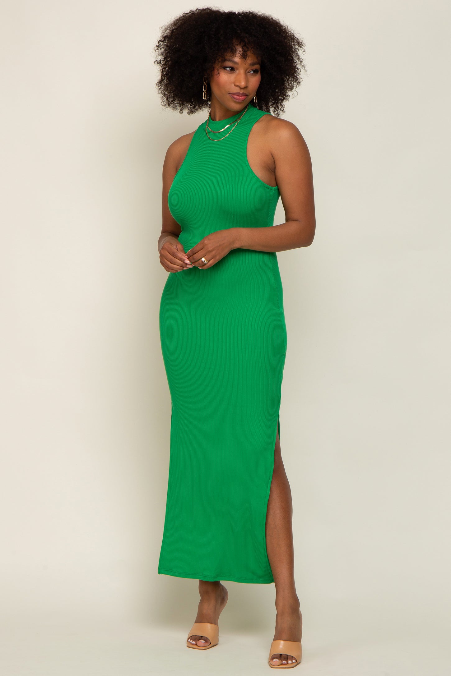 green ribbed maxi dress Lavinia Green Off Shoulder Ribbed Knit Maxi Dress, S / Green