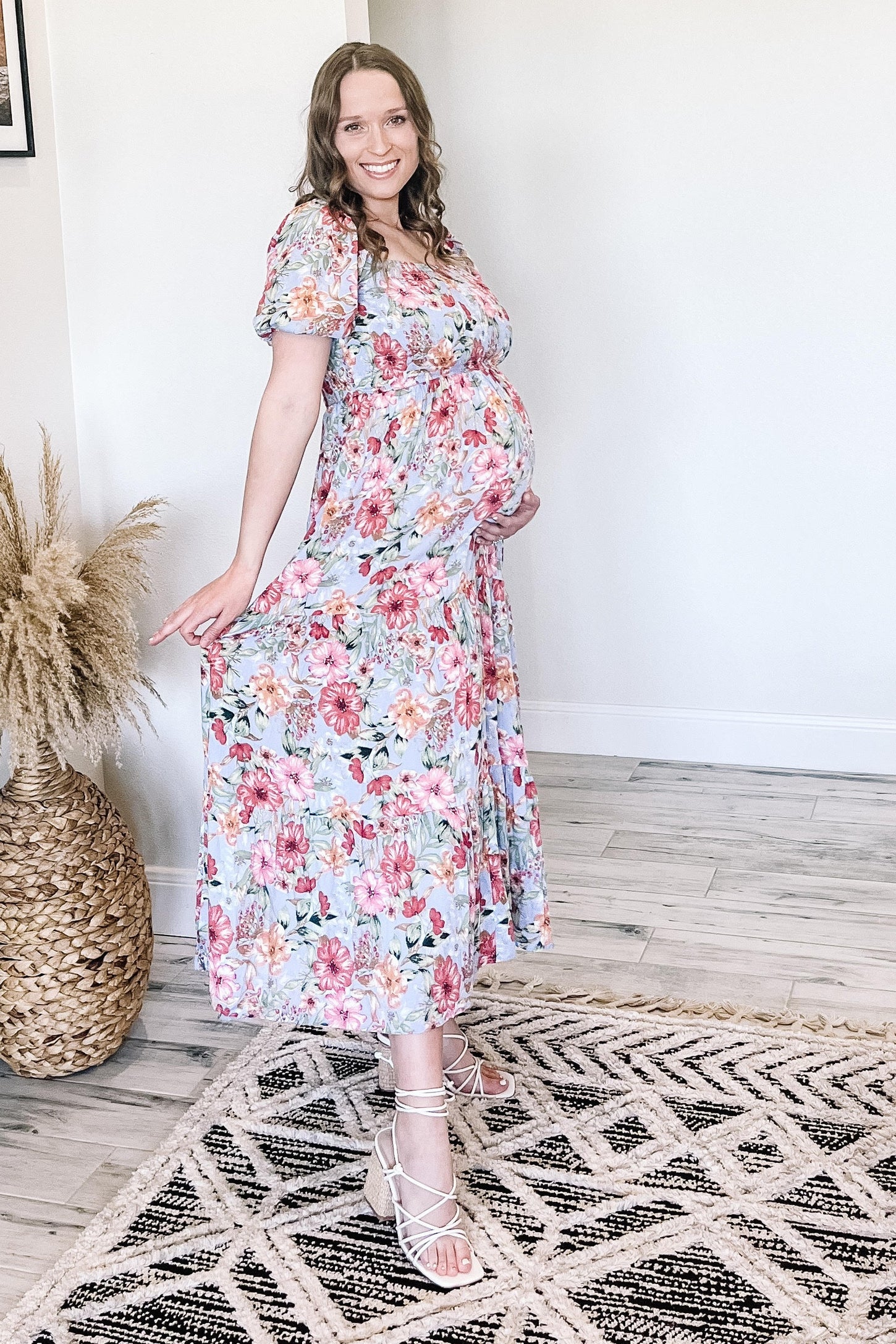 pink blush blue floral dress Blue Floral Lace Off Shoulder Ruffe Sleeve Maxi Dress