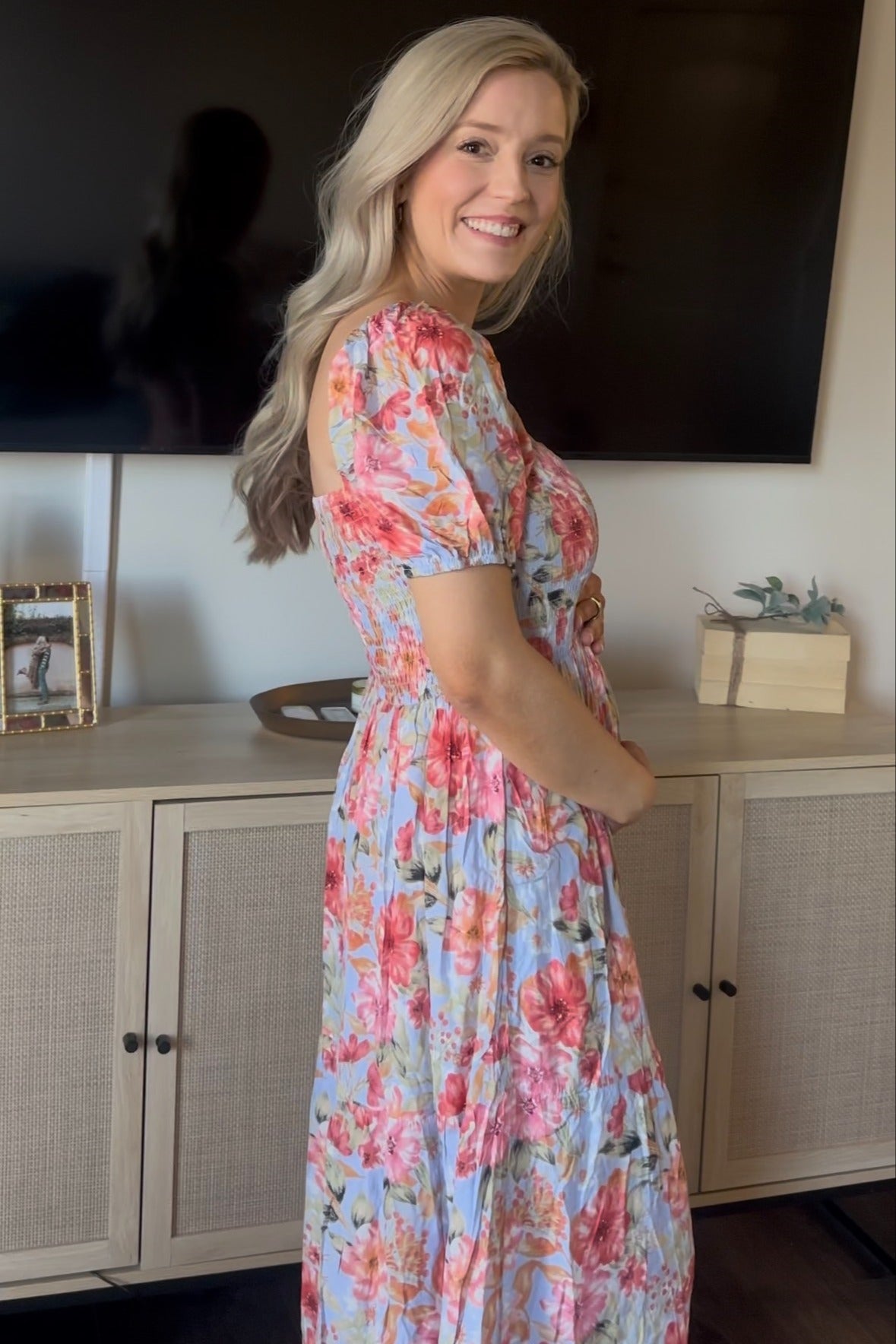 Blue Floral Smocked Square Neck Tiered Maternity Maxi Dress