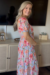 Blue Floral Smocked Square Neck Tiered Maternity Maxi Dress