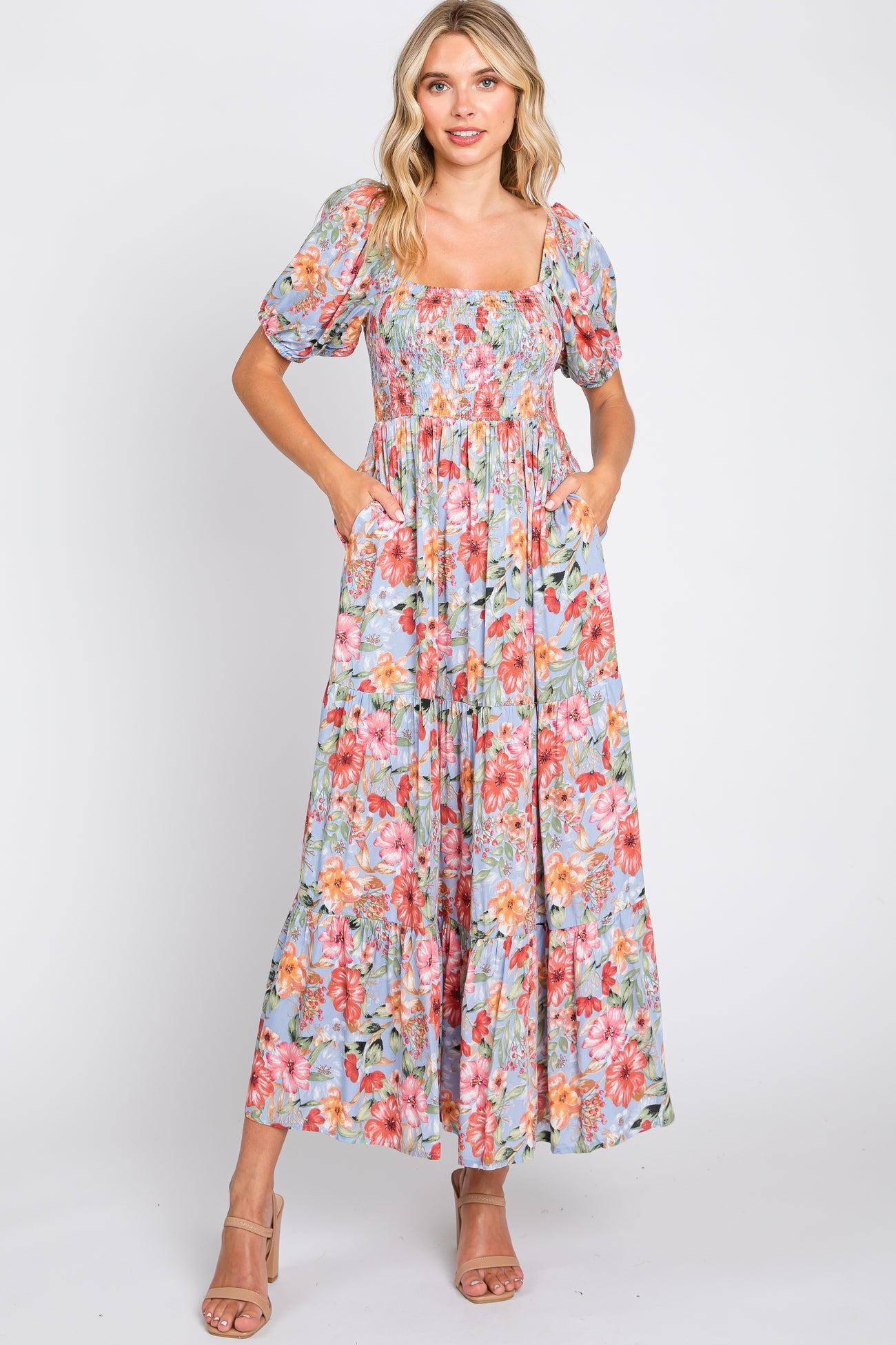 Blue Floral Smocked Square Neck Tiered Maxi Dress Small