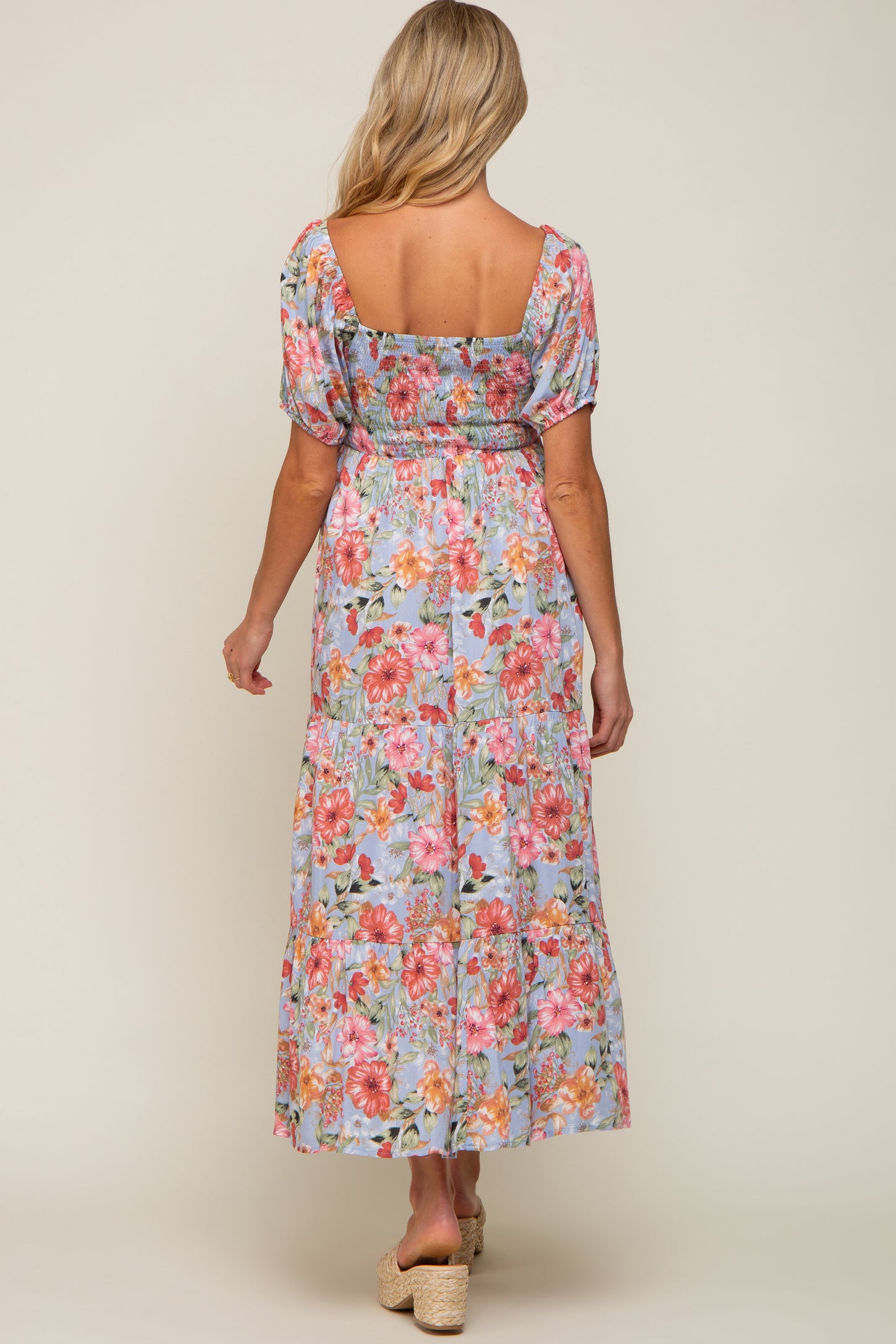 Blue Floral Smocked Square Neck Tiered Maternity Maxi Dress Medium Blue Floral Smocked Square Neck Tiered Maternity Maxi Dress Medium