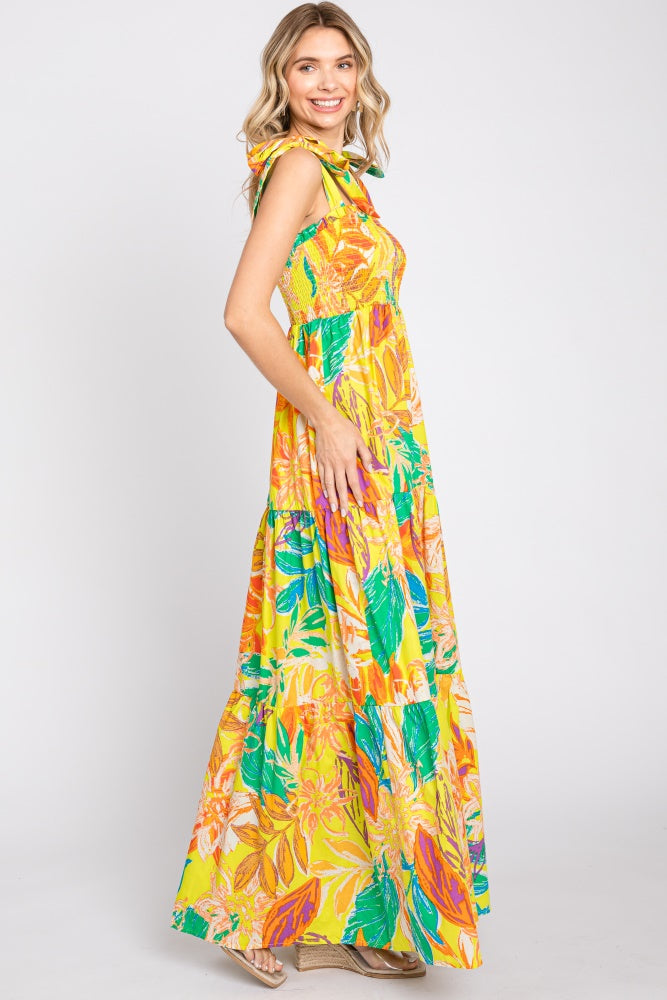 Yellow Tropical Print Smocked Tie Sleeve Maxi Dress