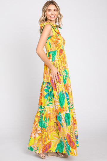 Yellow Tropical Print Smocked Tie Sleeve Maxi Dress