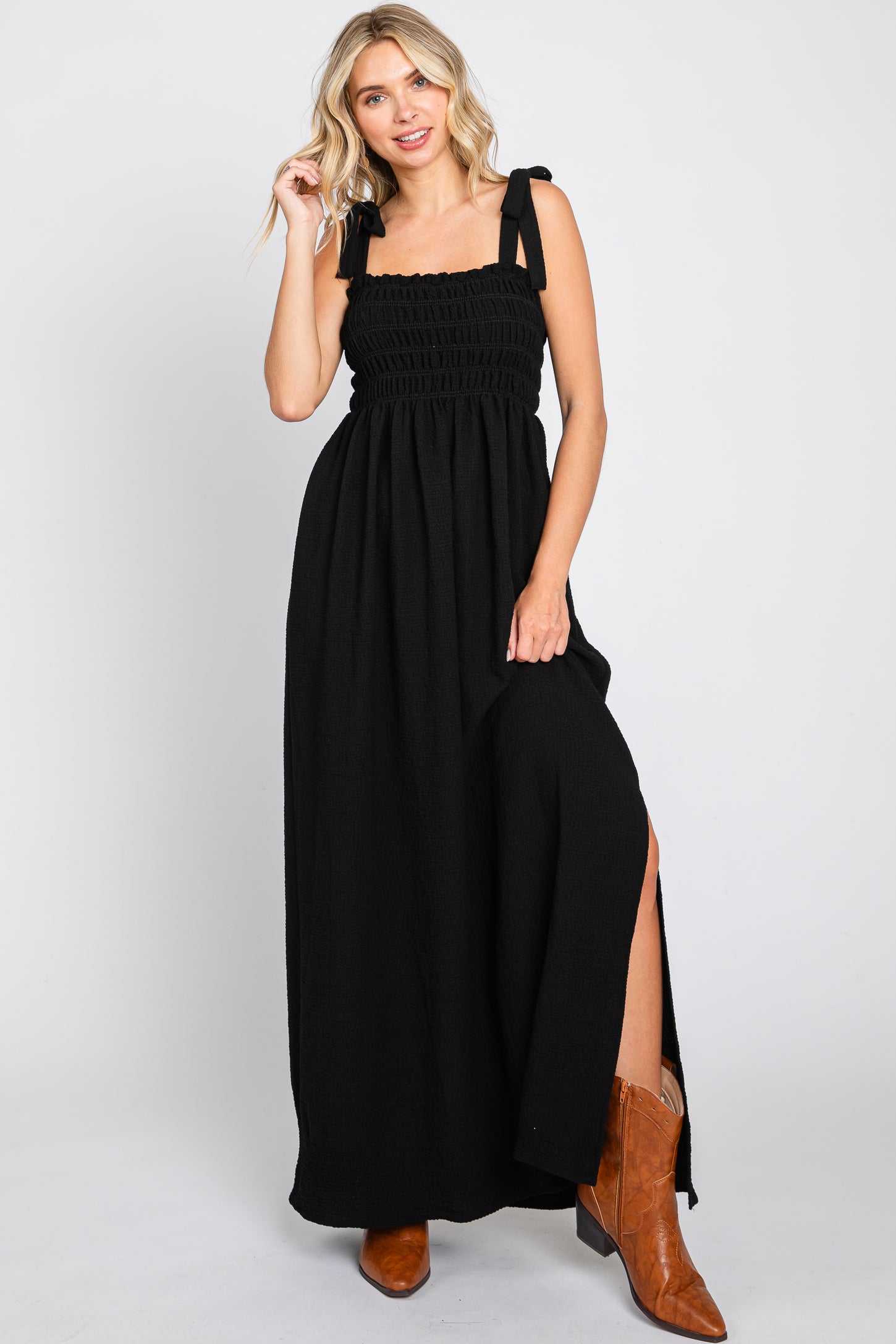 Black Textured Smocked Shoulder Tie Maternity Maxi Dress Black Textured Smocked Shoulder Tie Maternity Maxi Dress
