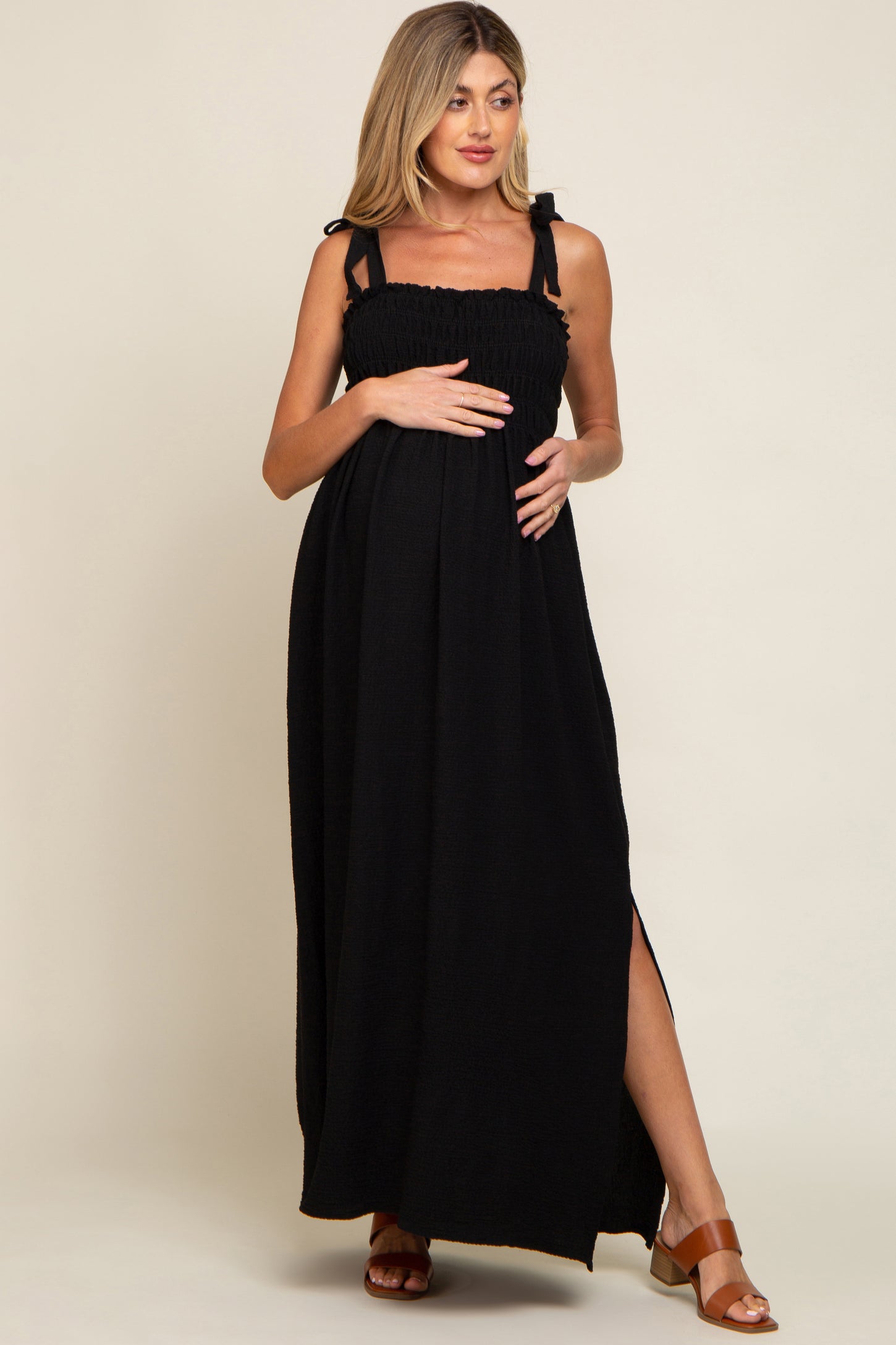 Black Textured Smocked Shoulder Tie Maternity Maxi Dress PinkBlush Black Textured Smocked Shoulder Tie Maternity Maxi Dress PinkBlush