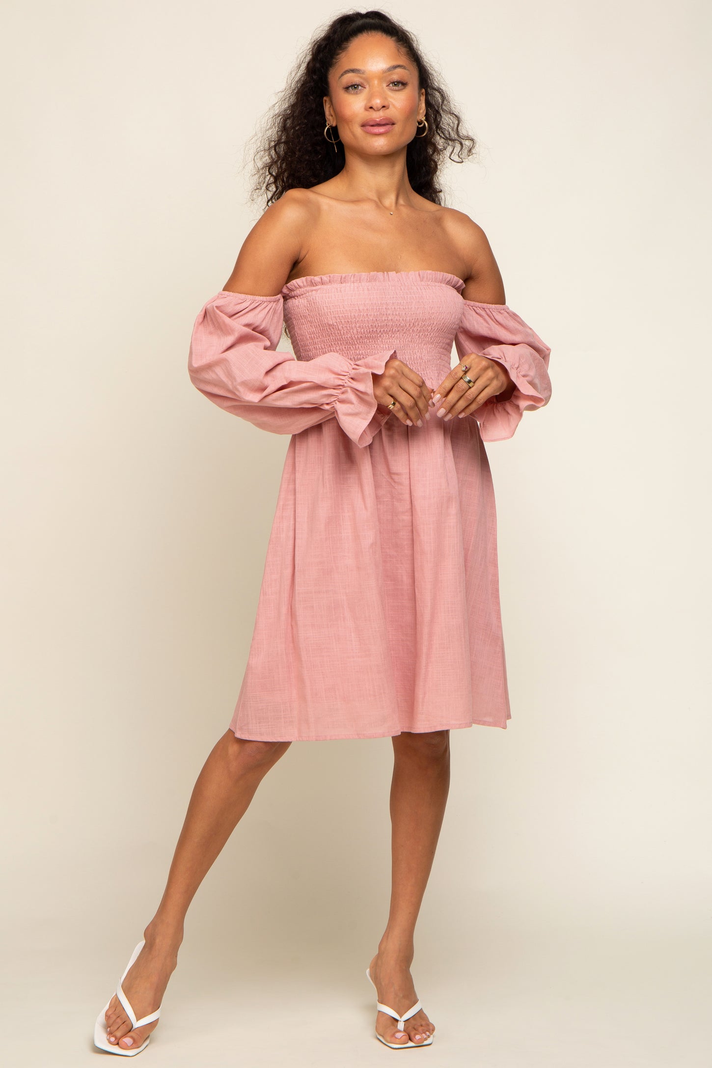 pink off the shoulder dress long sleeve Pearl Prom Ball Gown Dress TP1059 US16 / Pearl Pink Step into your special day as a vision of grace and beauty in this enchanting masterpiece Pink Smocked Off Shoulder Long
