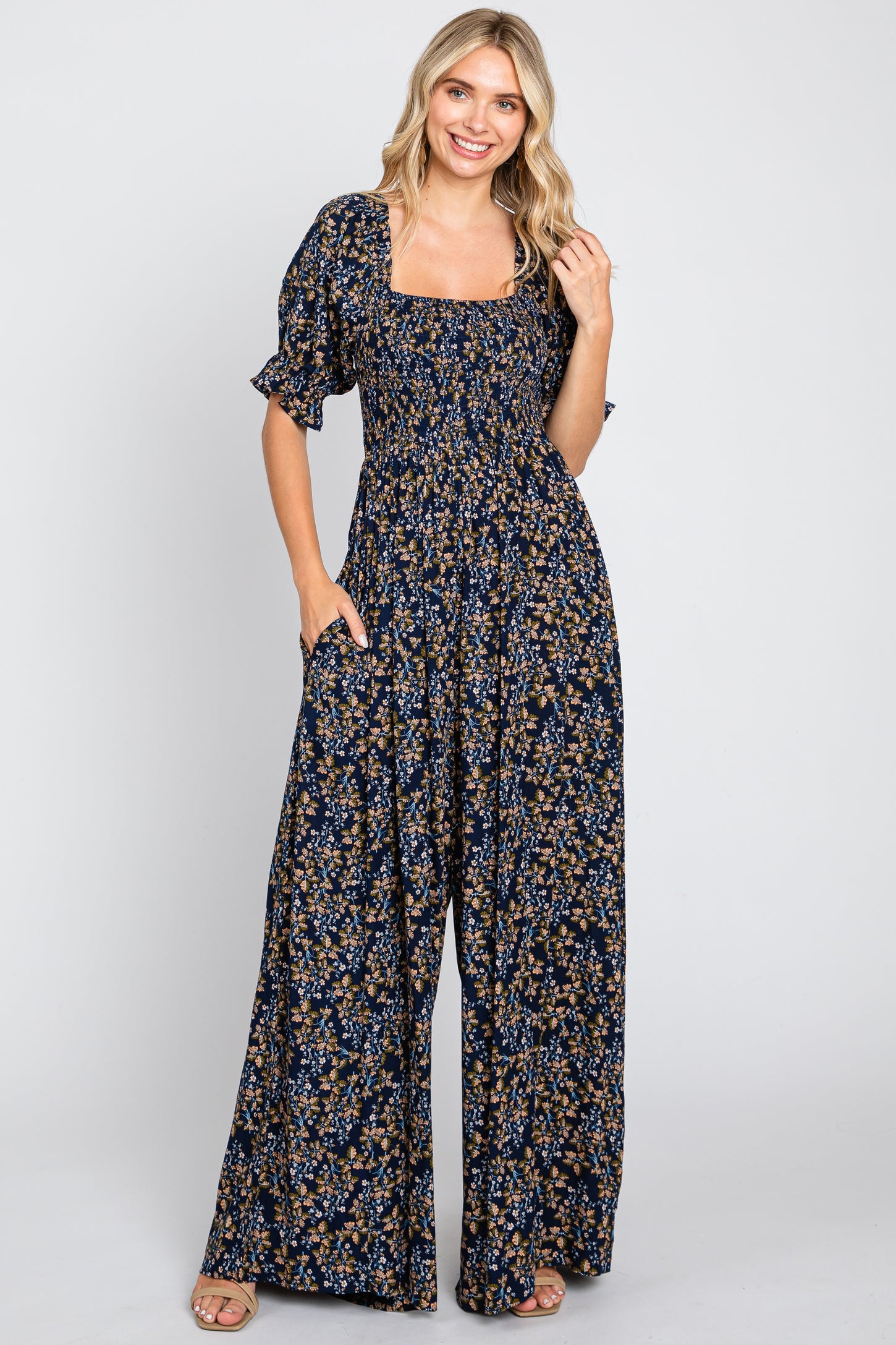 Navy Floral Smocked Maternity Jumpsuit