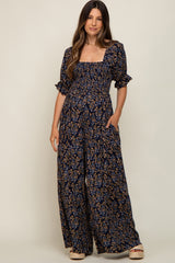 Navy Floral Smocked Maternity Jumpsuit