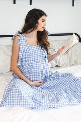 Blue Checkered Sleeveless Tiered Maternity Maxi Dress