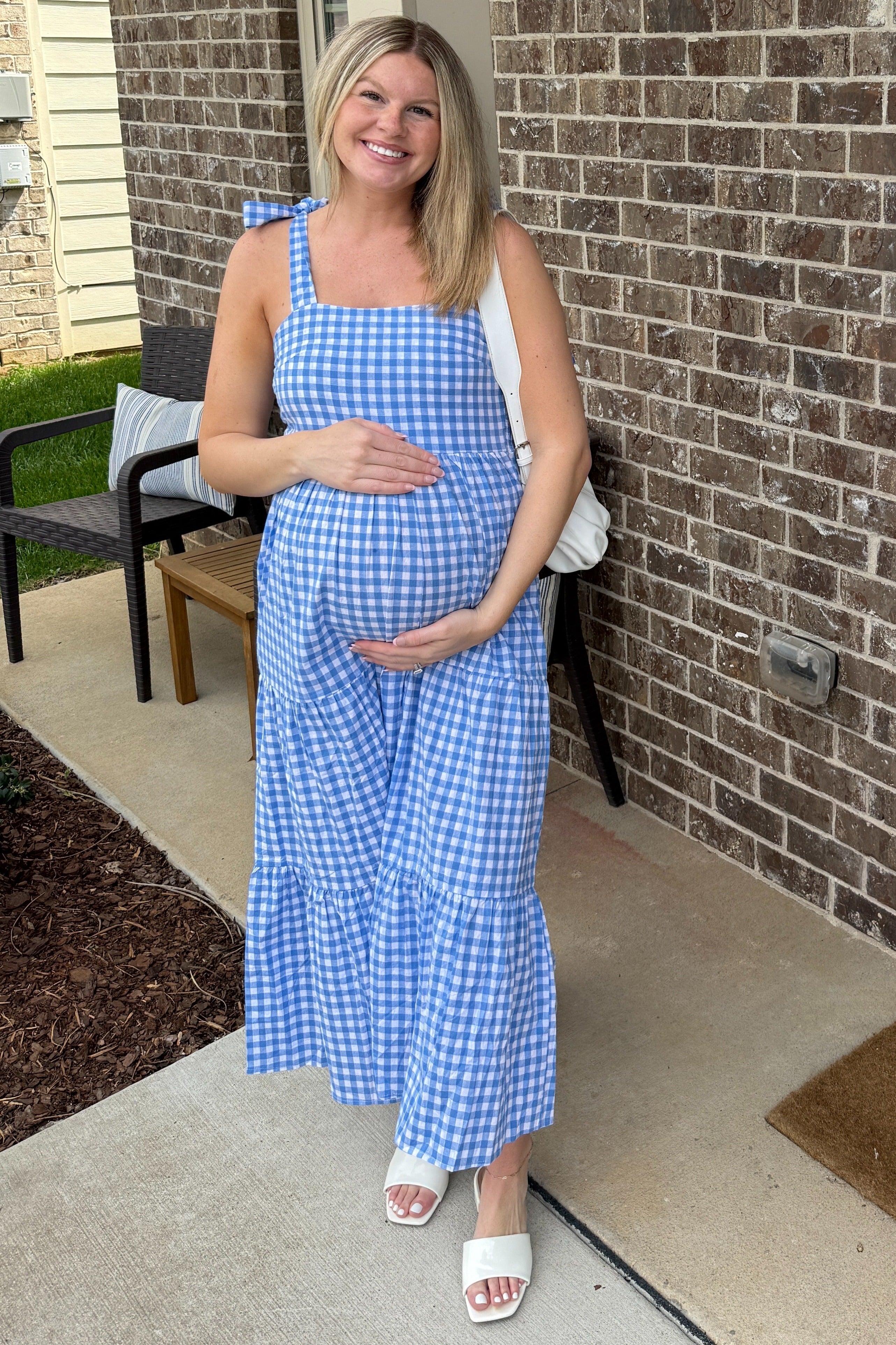 blue gingham maternity dress Checkered Sleeveless Tiered Maxi Small Blue And Black Or