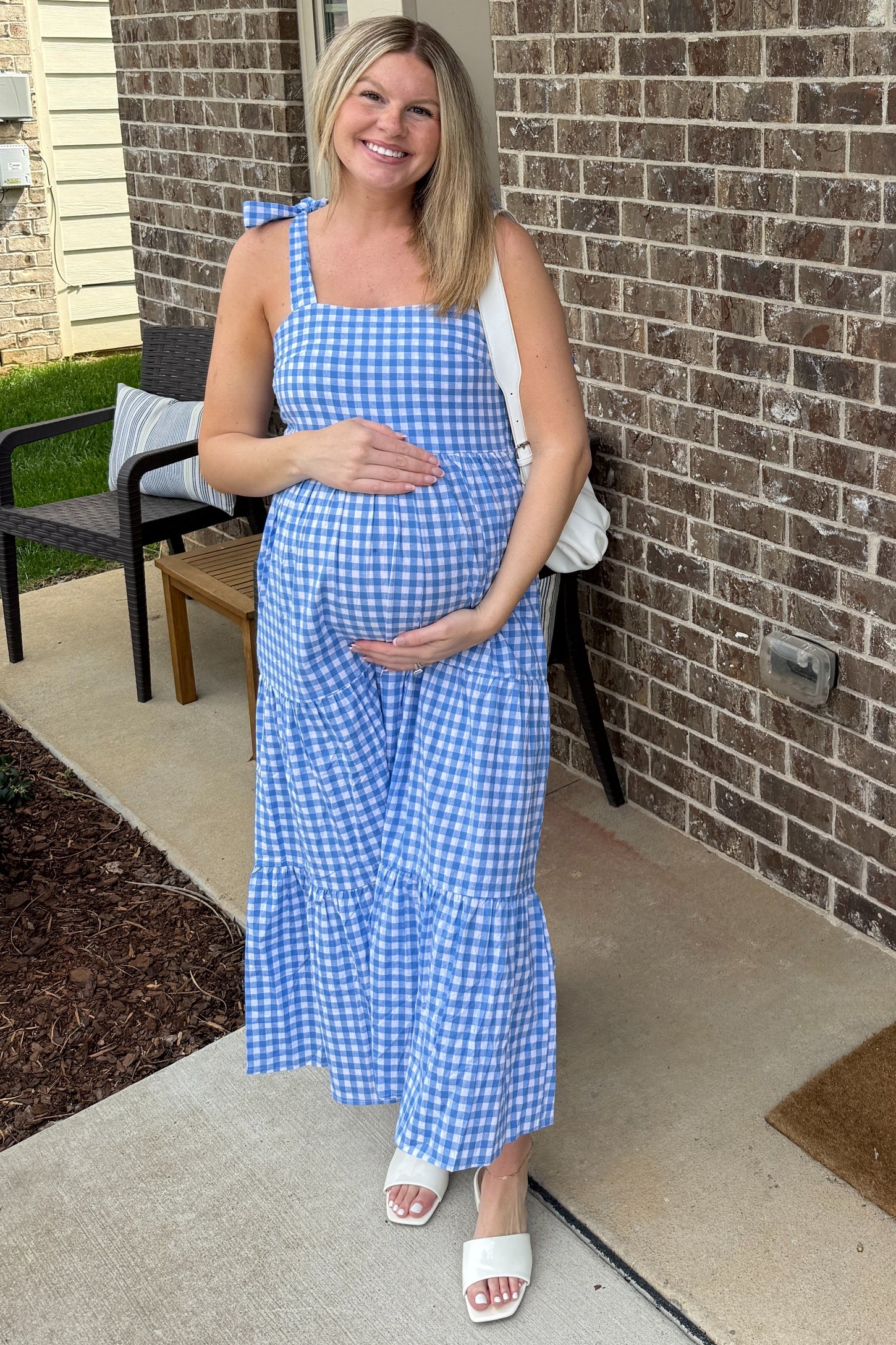 PinkBlush Blue Checkered Sleeveless Tiered Maternity Maxi Dress Medium PinkBlush Blue Checkered Sleeveless Tiered Maternity Maxi Dress Medium