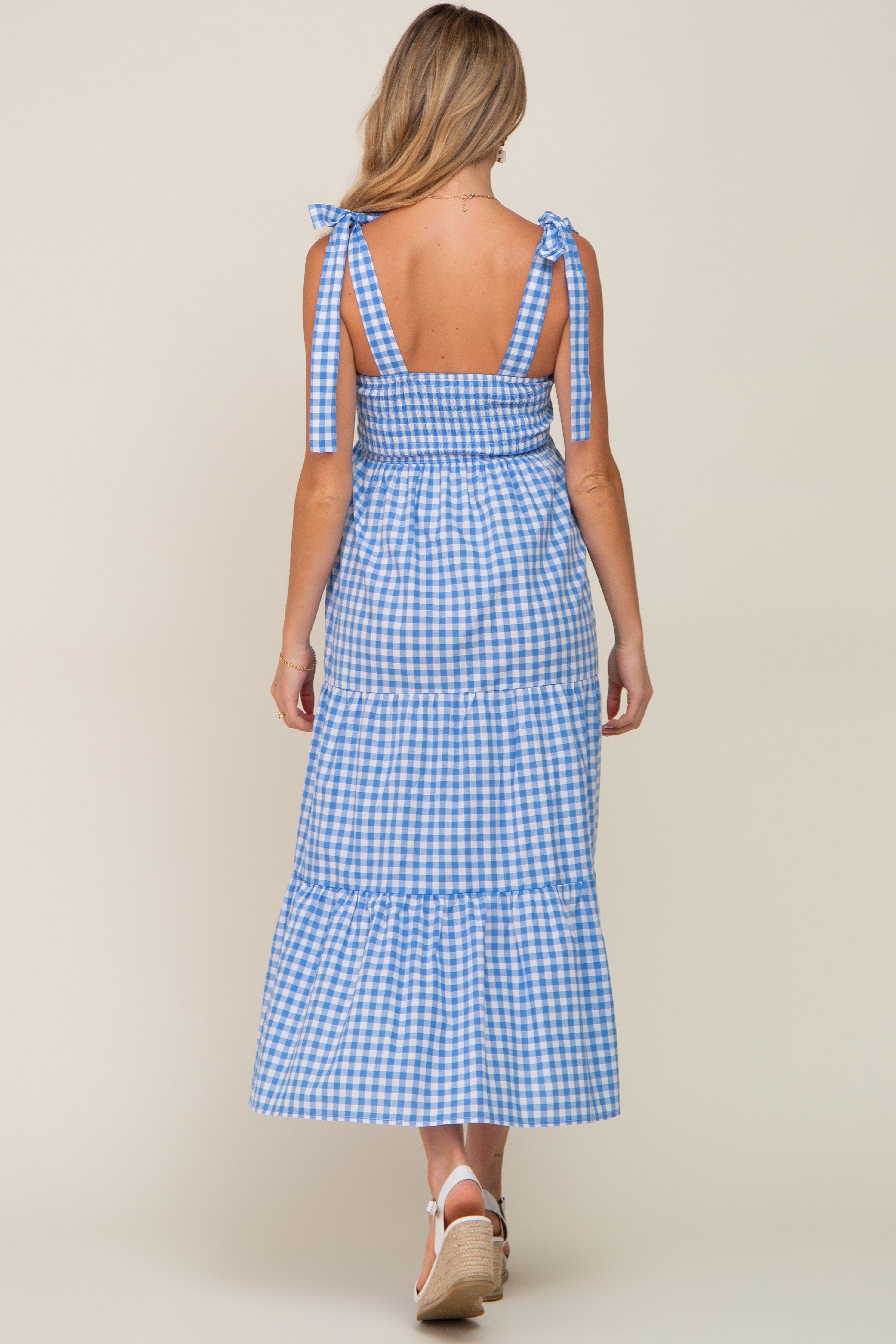 blue checkered overall dress Sleeveless Tiered Maxi Small Cardigan