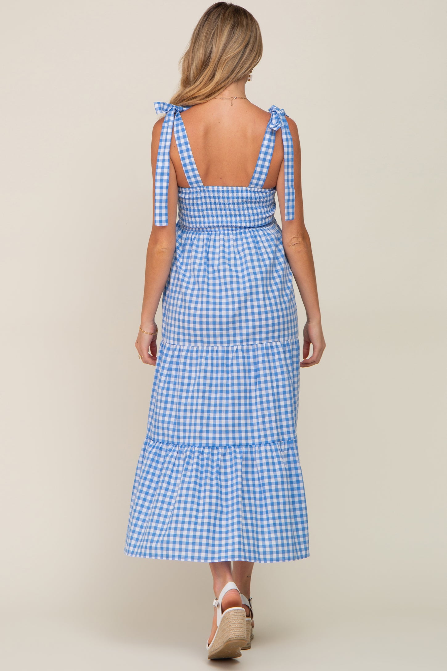 PinkBlush Blue Checkered Sleeveless Tiered Maternity Maxi Dress Medium PinkBlush Blue Checkered Sleeveless Tiered Maternity Maxi Dress Medium