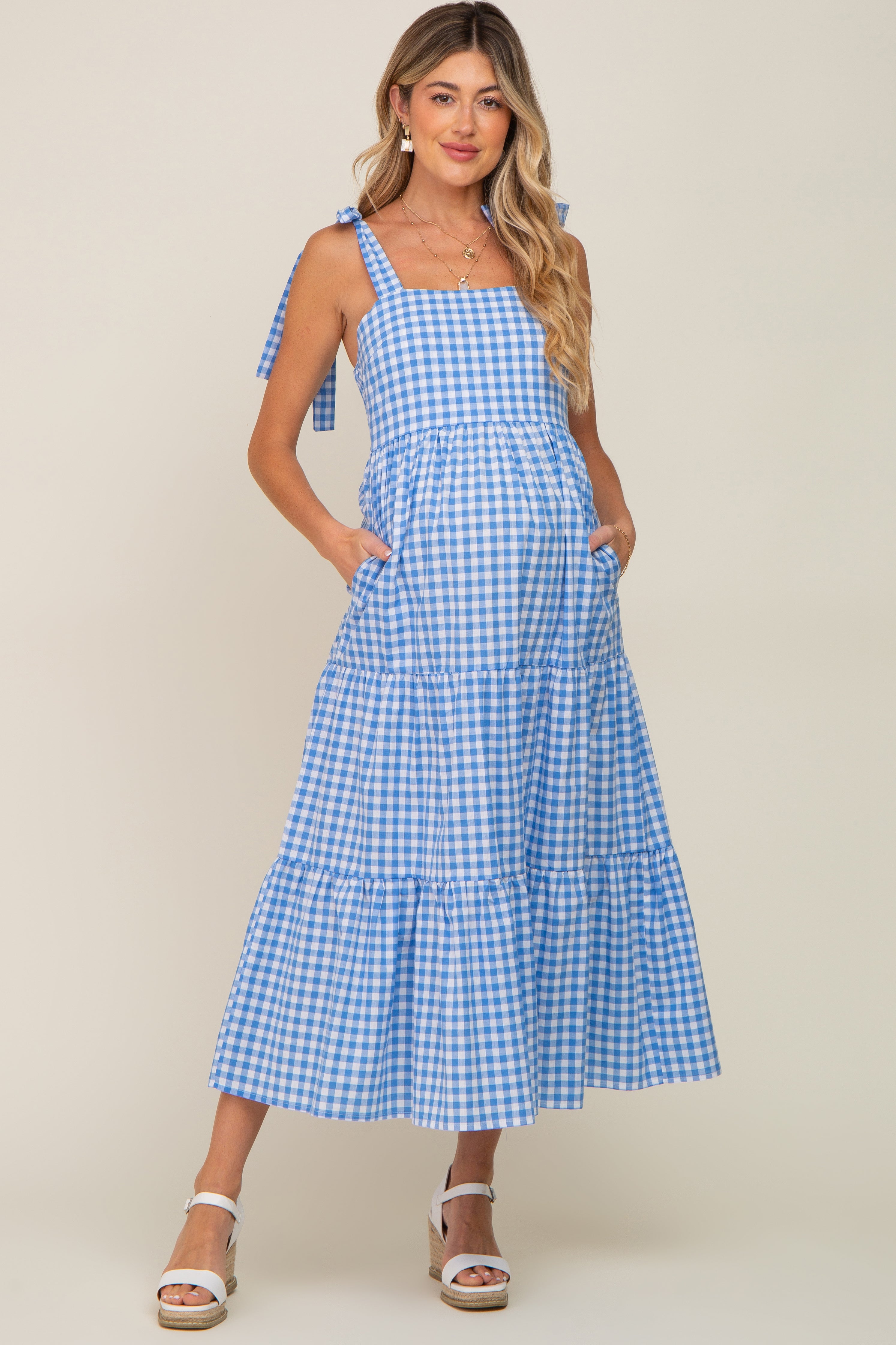 PinkBlush Blue Checkered Sleeveless Tiered Maternity Maxi Dress Medium