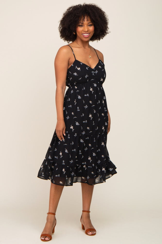 Black Floral Button Tiered Midi Dress