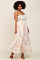 Ivory Striped Smocked Shoulder Tie Maternity Maxi Dress