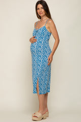Blue Floral Front Tie Side Slit Maternity Midi Dress