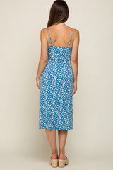Blue Floral Front Tie Side Slit Maternity Midi Dress