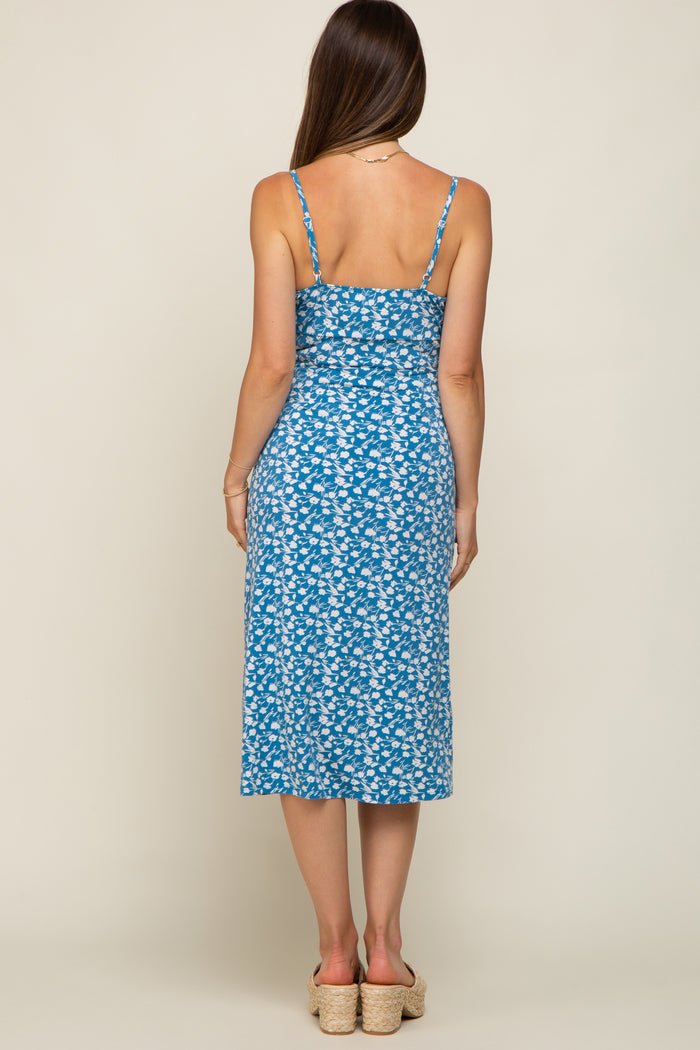 Blue Floral Front Tie Side Slit Maternity Midi Dress