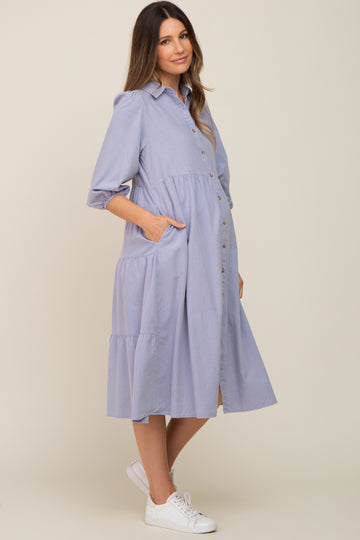 Light Blue Chambray Button Front Maternity Dress