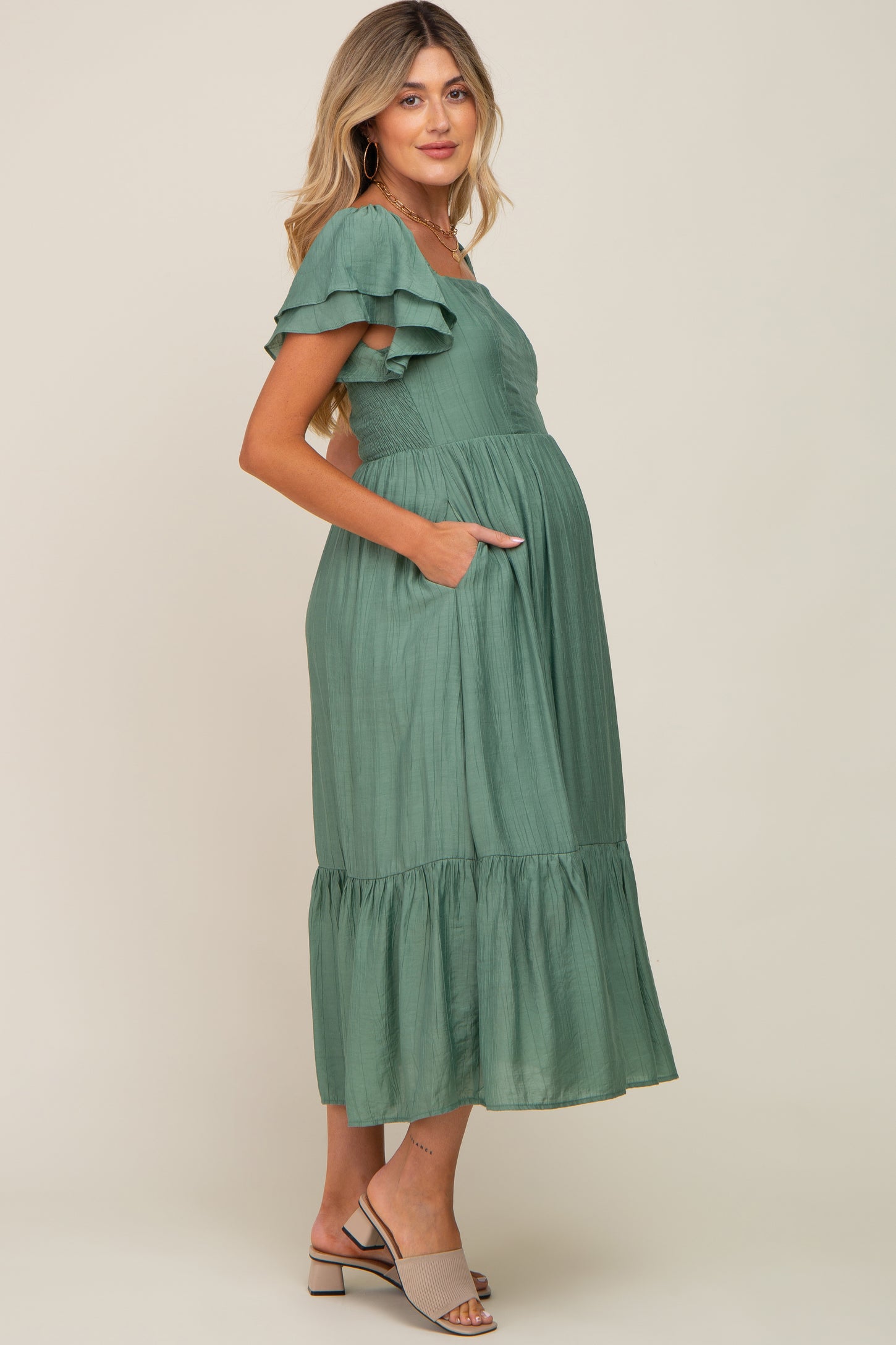 Green Flutter Sleeve Maternity Midi Dress PinkBlush Green Flutter Sleeve Maternity Midi Dress PinkBlush