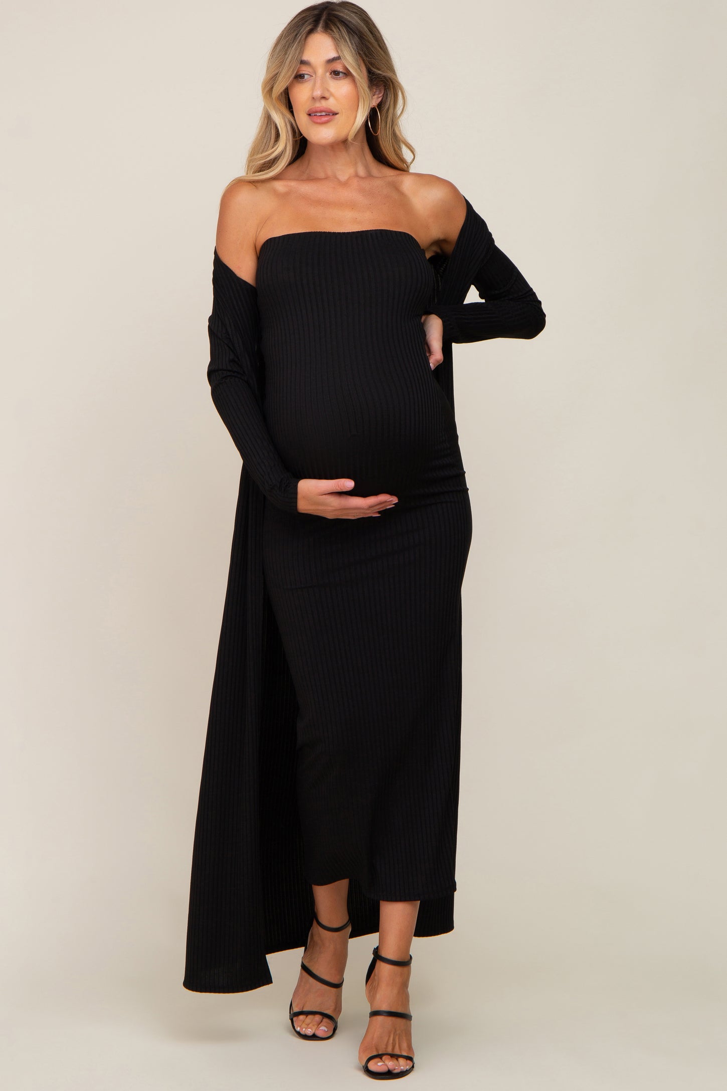 Black Ribbed Sleeveless Dress Cardigan Maternity Set PinkBlush Black Ribbed Sleeveless Dress Cardigan Maternity Set PinkBlush