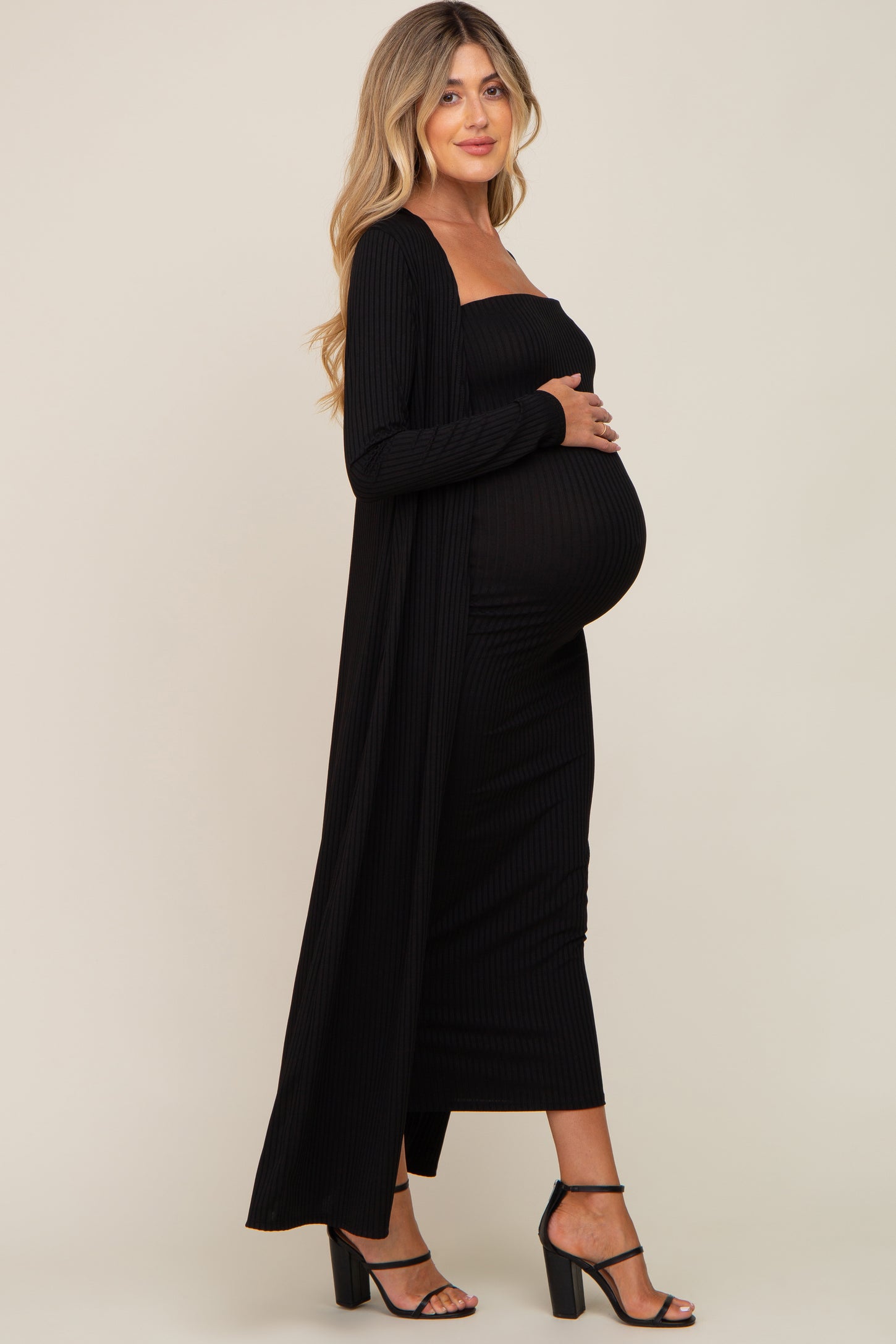 Black Ribbed Sleeveless Dress Cardigan Maternity Set – PinkBlush