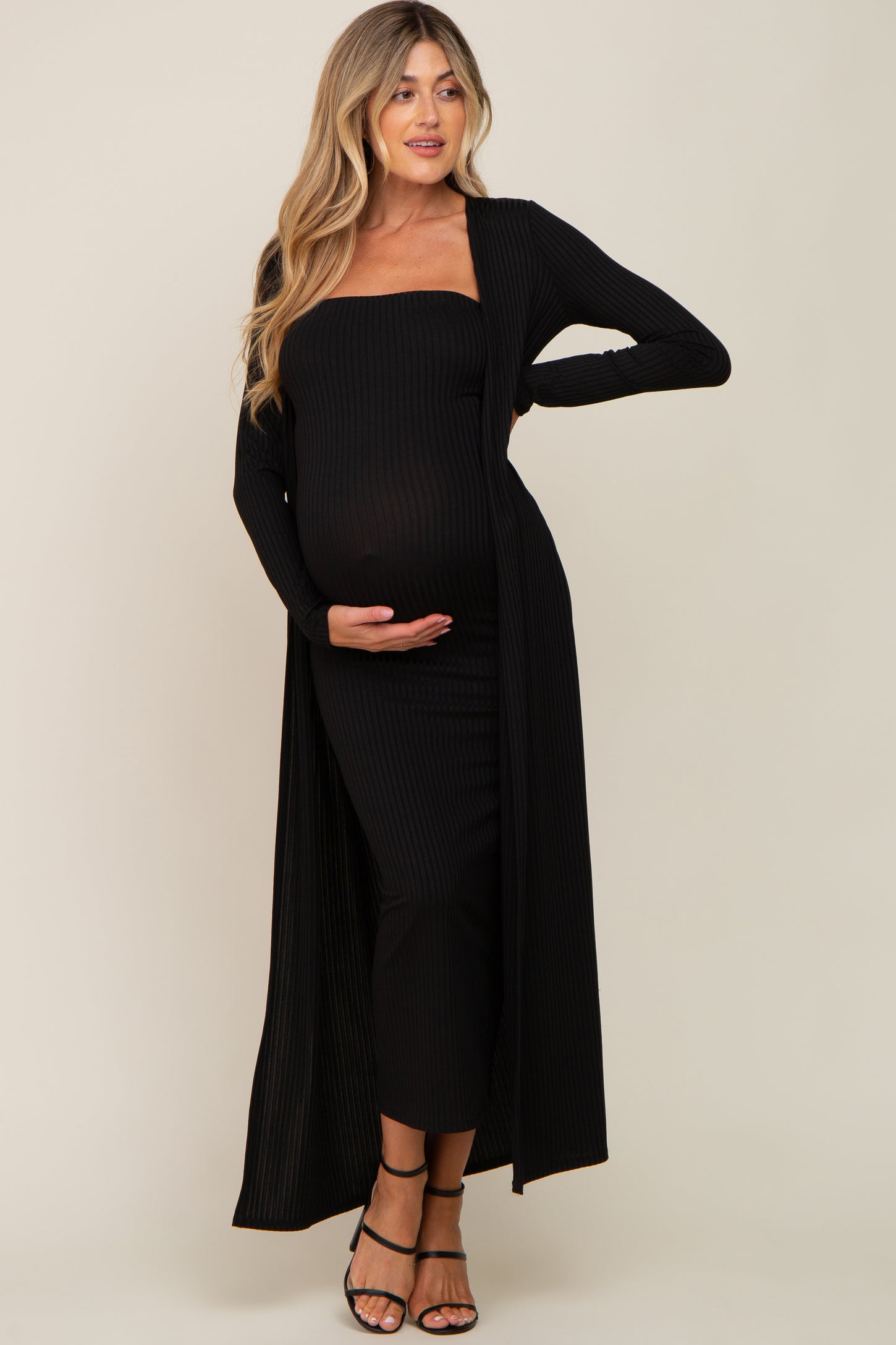 Black Ribbed Sleeveless Dress Cardigan Maternity Set PinkBlush Black Ribbed Sleeveless Dress Cardigan Maternity Set PinkBlush