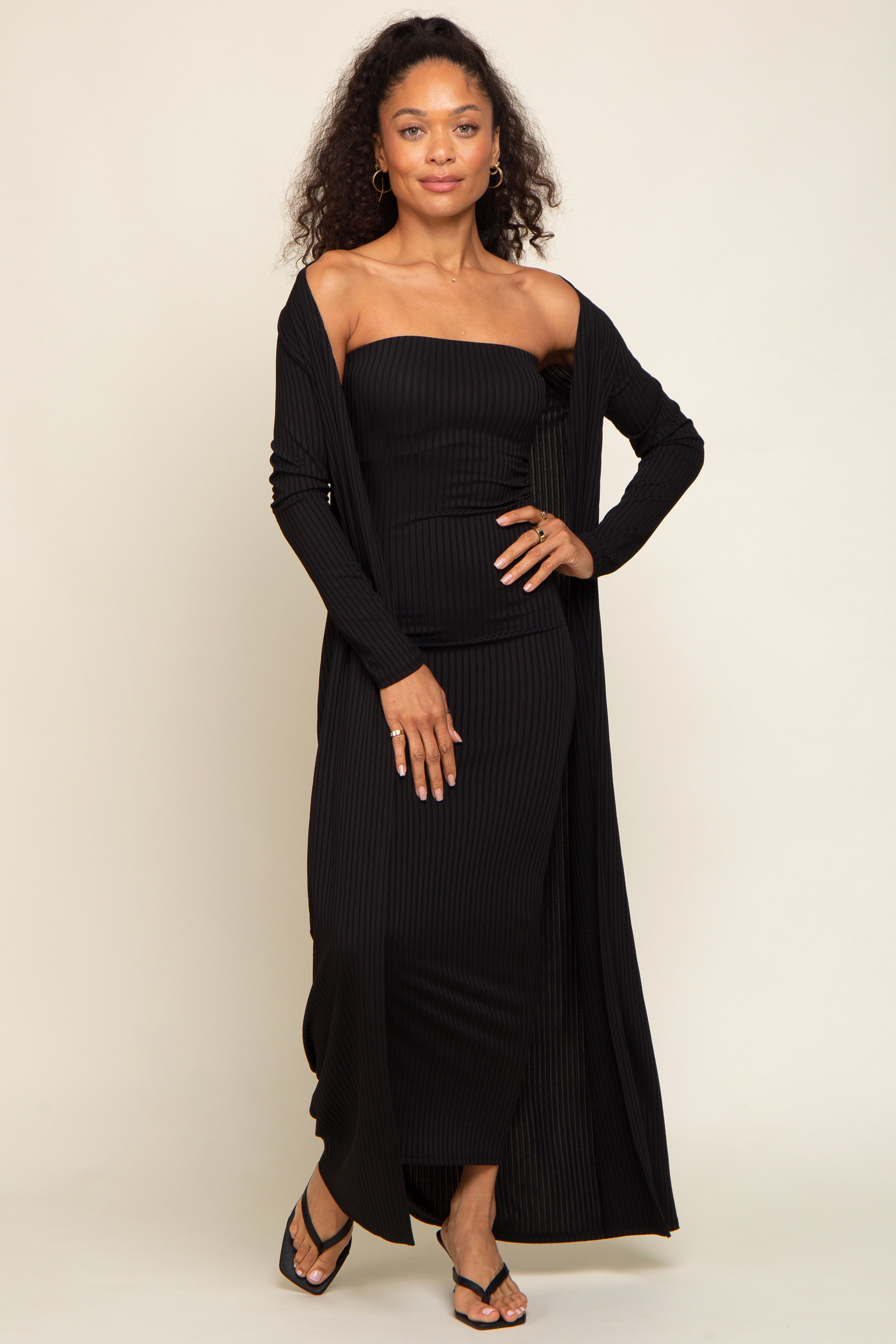 Black Ribbed Sleeveless Dress Cardigan Set – PinkBlush