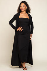 Black Ribbed Sleeveless Dress Cardigan Set
