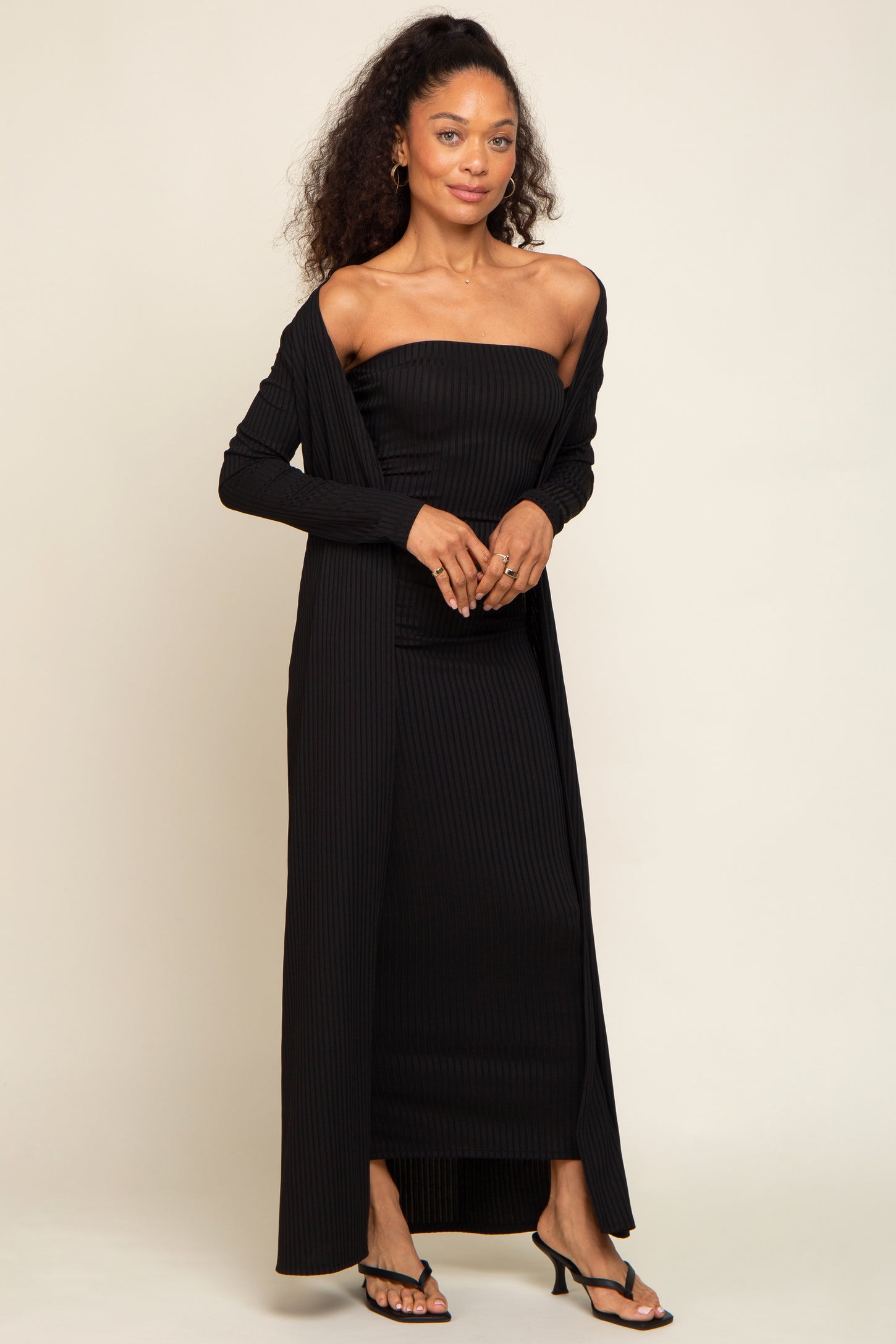 Black Ribbed Sleeveless Dress Cardigan Set โ PinkBlush