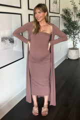 Mocha Ribbed Sleeveless Dress Cardigan Maternity Set