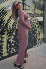 Mocha Ribbed Sleeveless Dress Cardigan Maternity Set