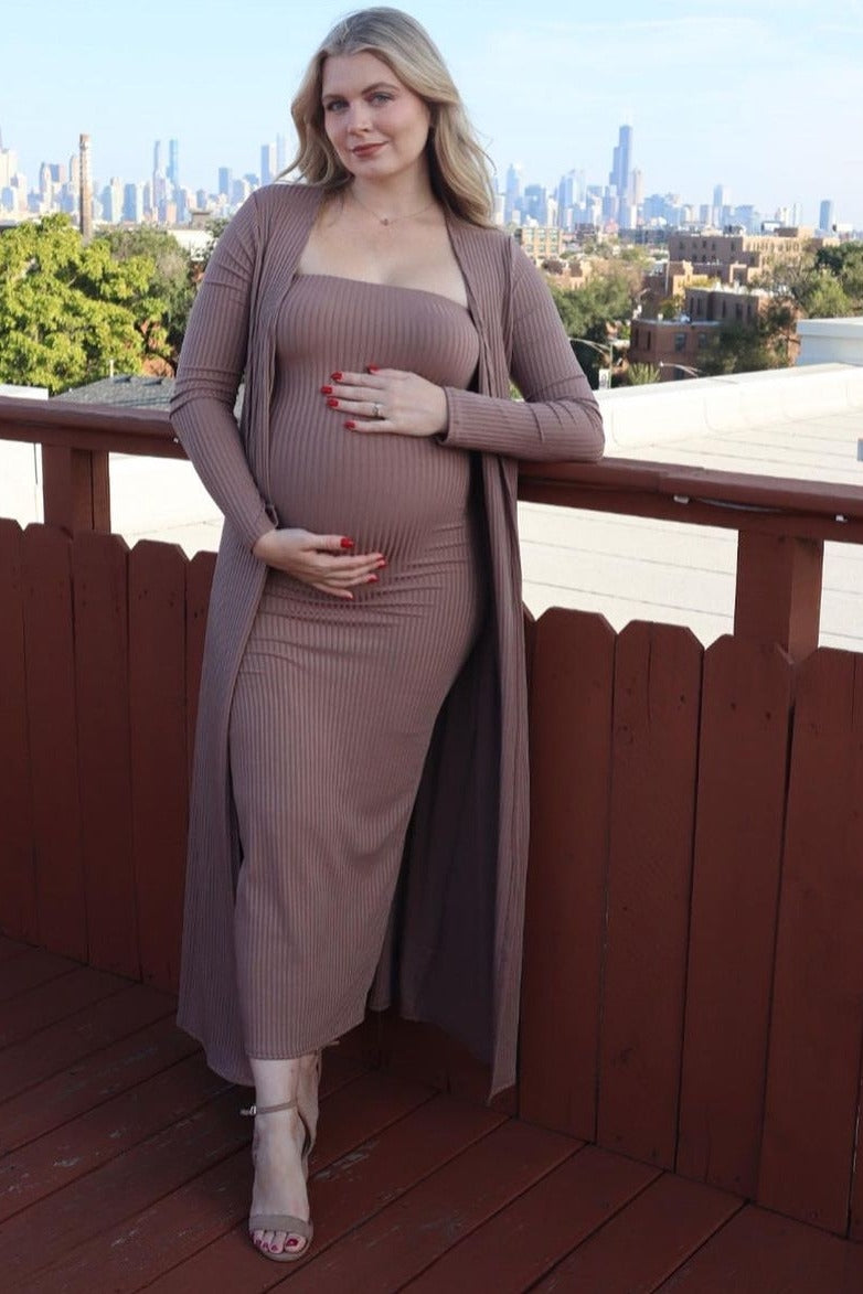 pink maternity dress with cardigan Pink Ribbed Sleeveless Dress Cardigan Maternity Set PinkBlush